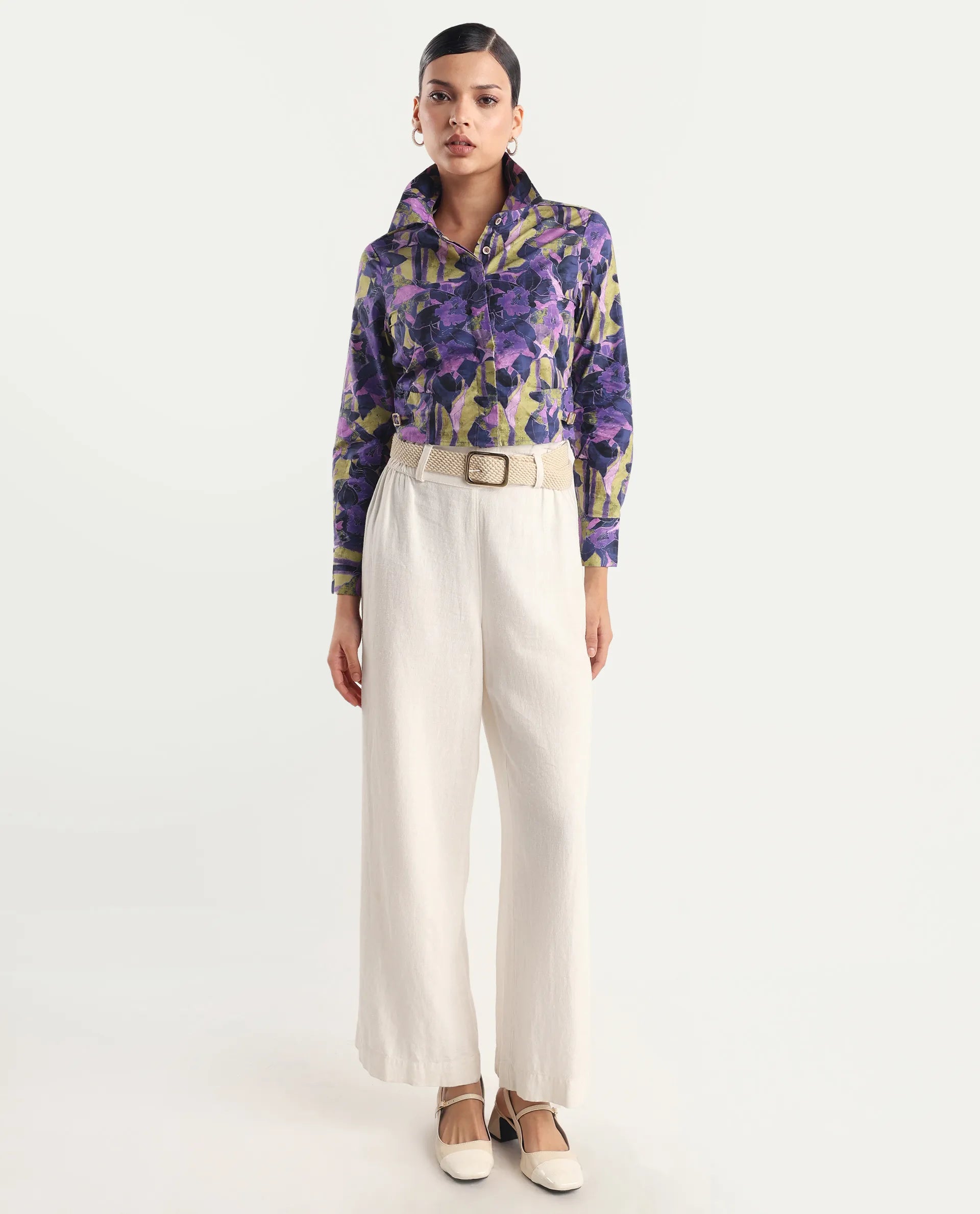 Rareism Women's Gistero Multi Cotton Spread Collar Abstract Print Cuffed Sleeve Crop Regular Fit Top