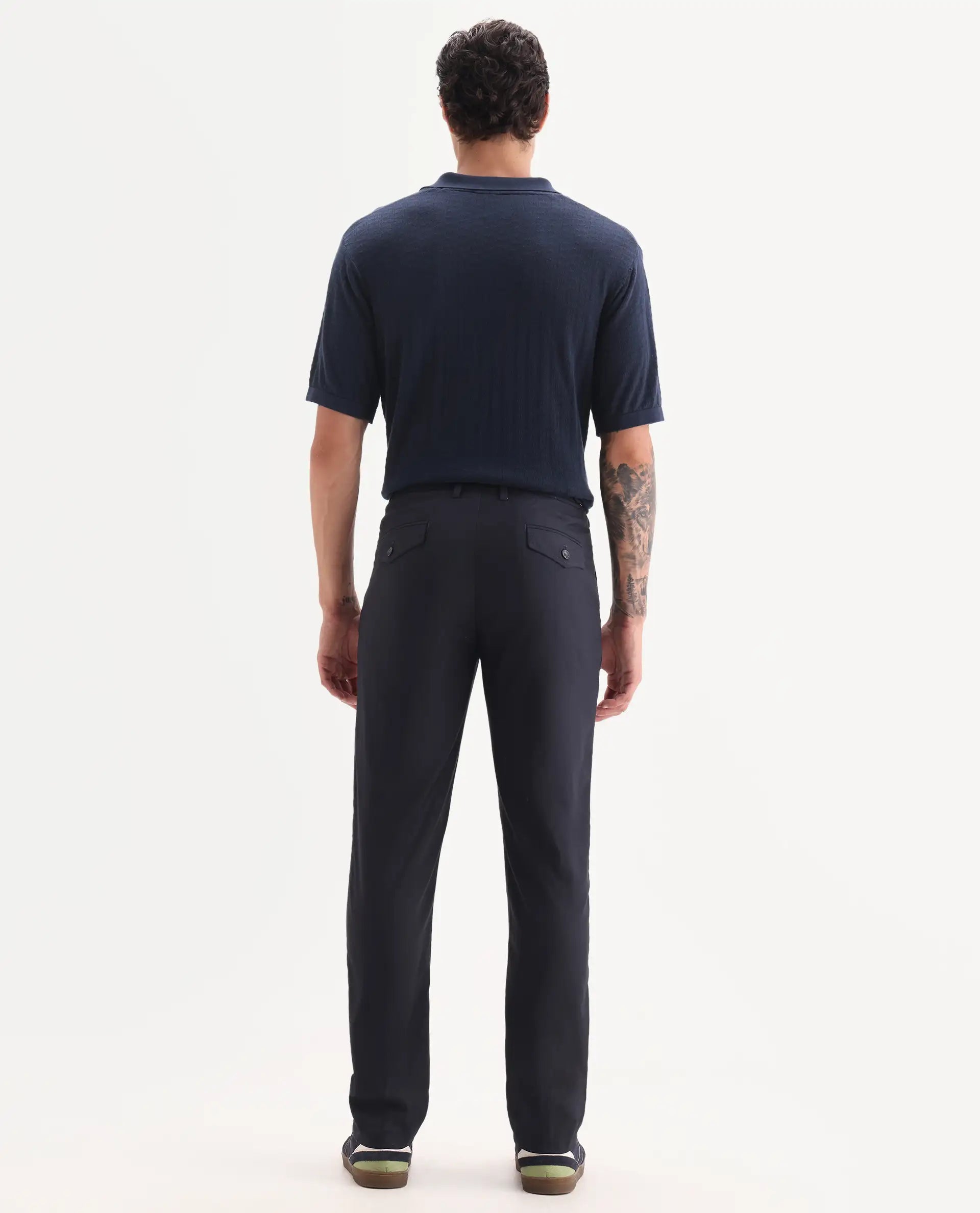 Rare Rabbit Men's Glade Dark Navy Viscose Plain Slim Fit Trouser