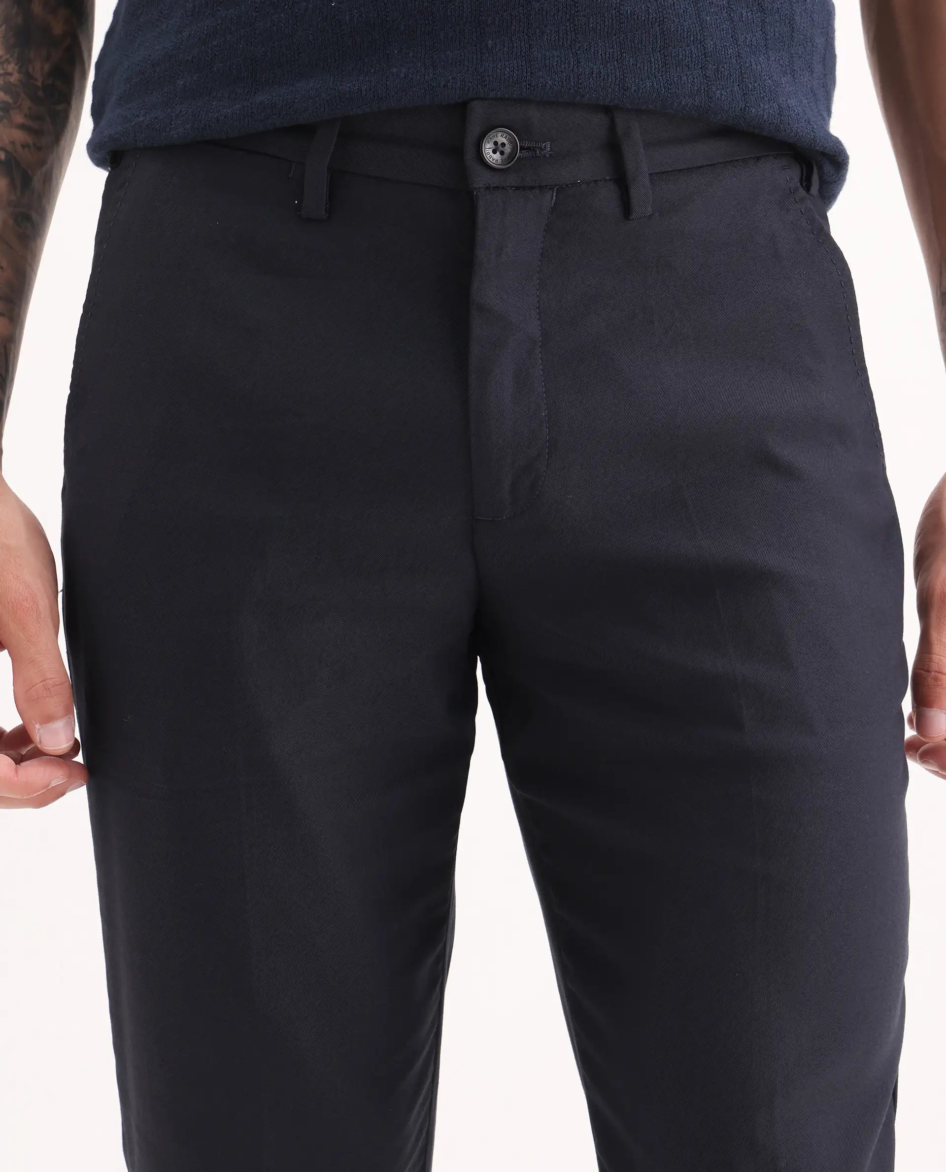 Rare Rabbit Men's Glade Dark Navy Viscose Plain Slim Fit Trouser