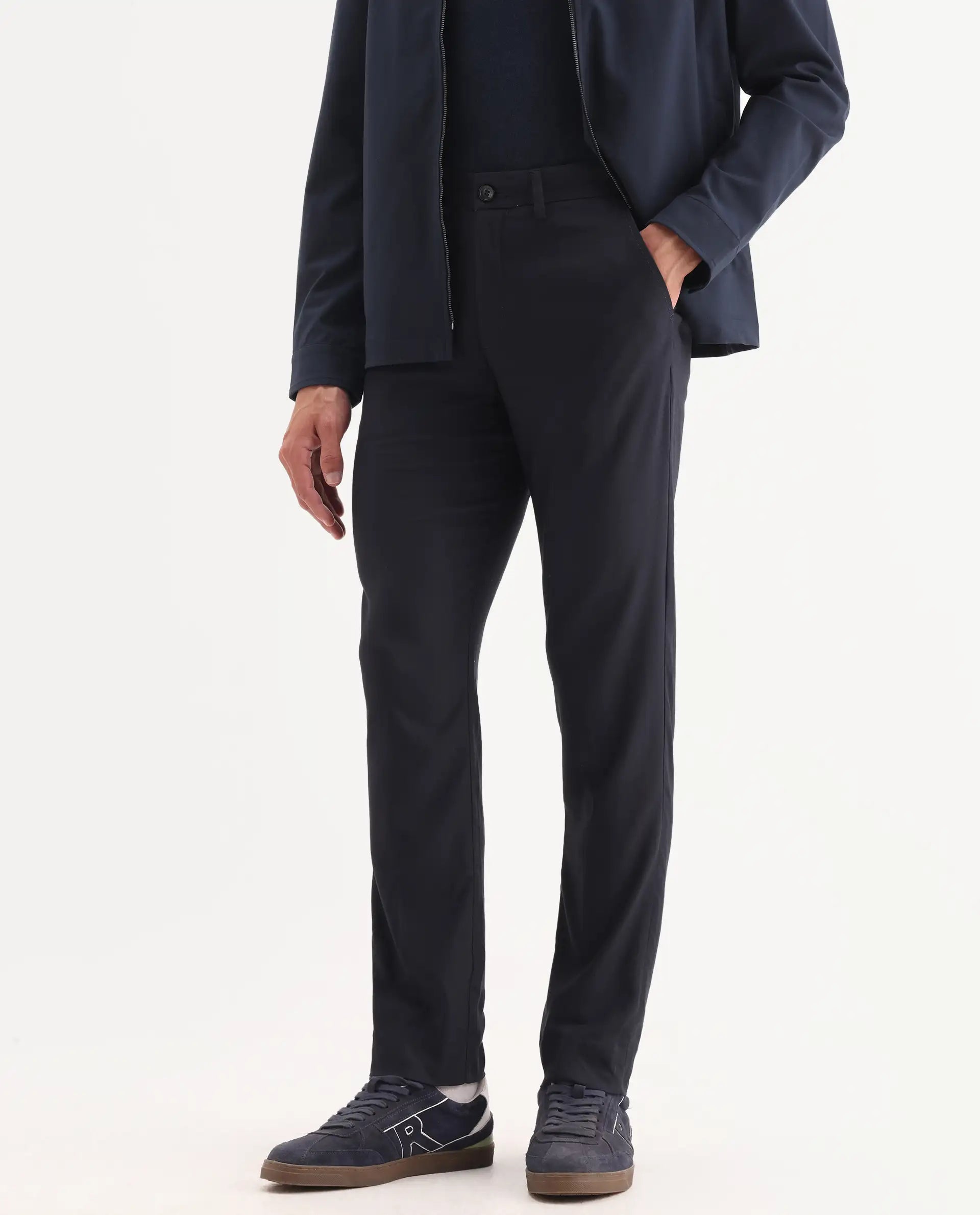 Rare Rabbit Men's Glade Dark Navy Viscose Plain Slim Fit Trouser