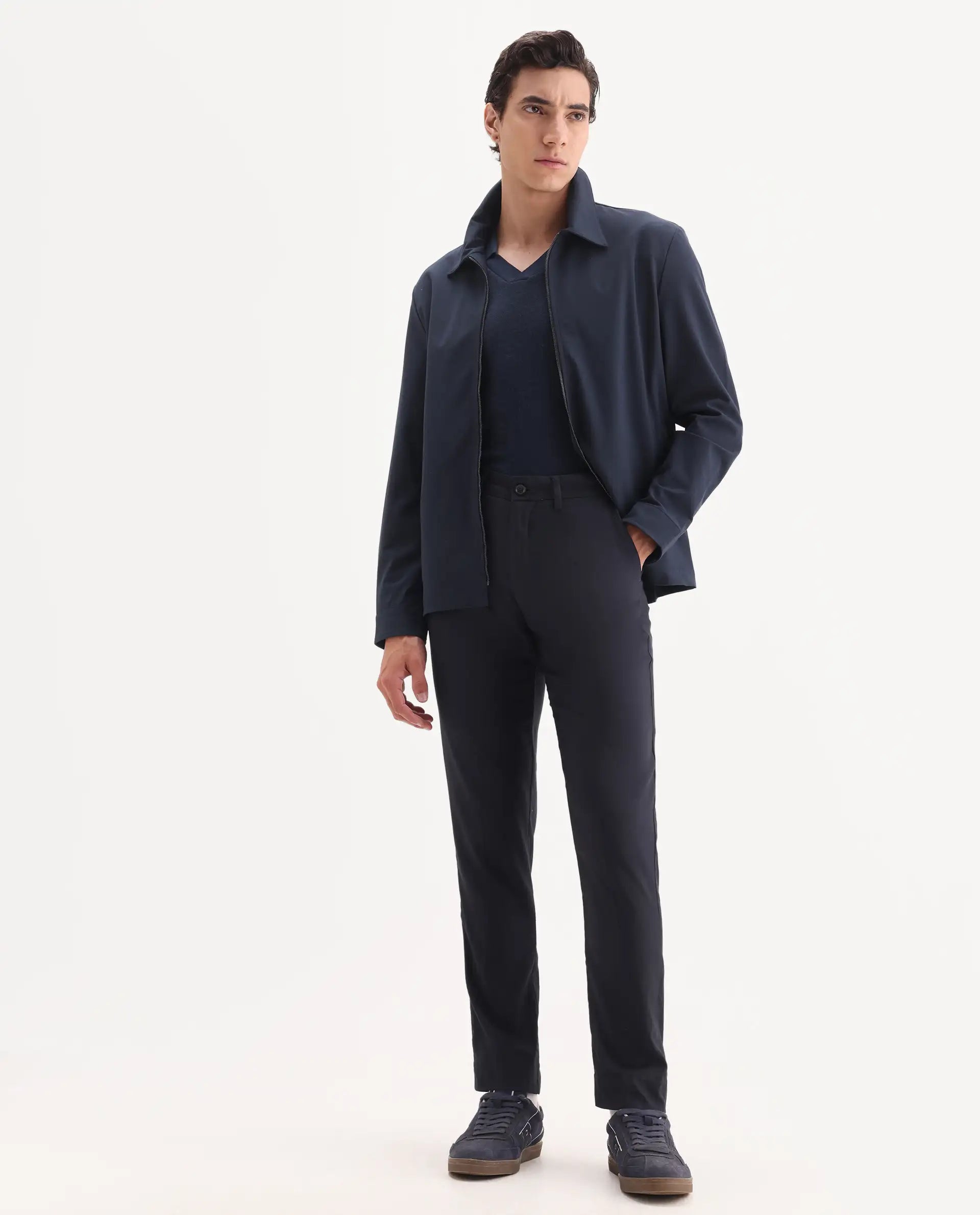 Rare Rabbit Men's Glade Dark Navy Viscose Plain Slim Fit Trouser