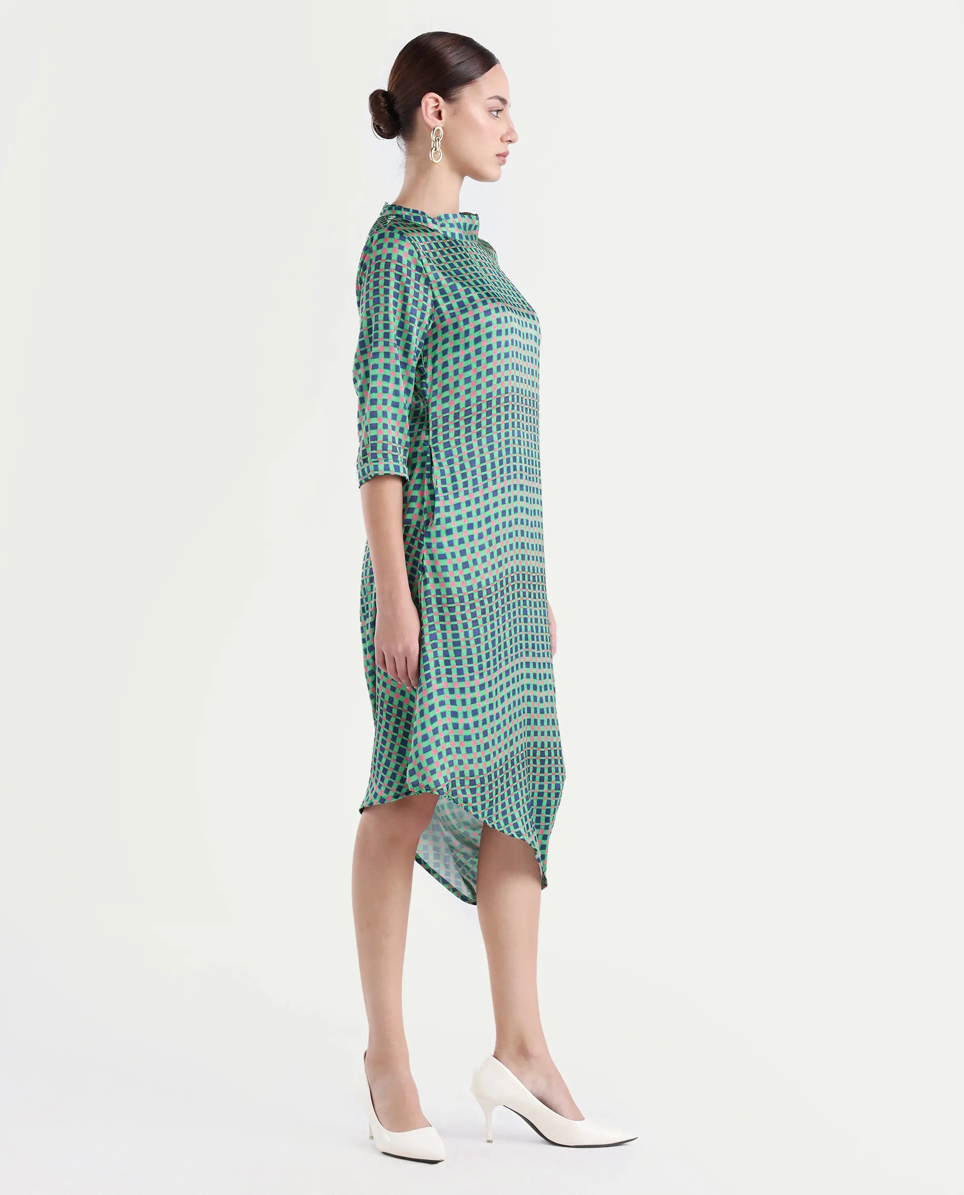 Rareism Women's Gleam Green Polyester High Neck Geometric Print Knee Length Regular Fit Dress