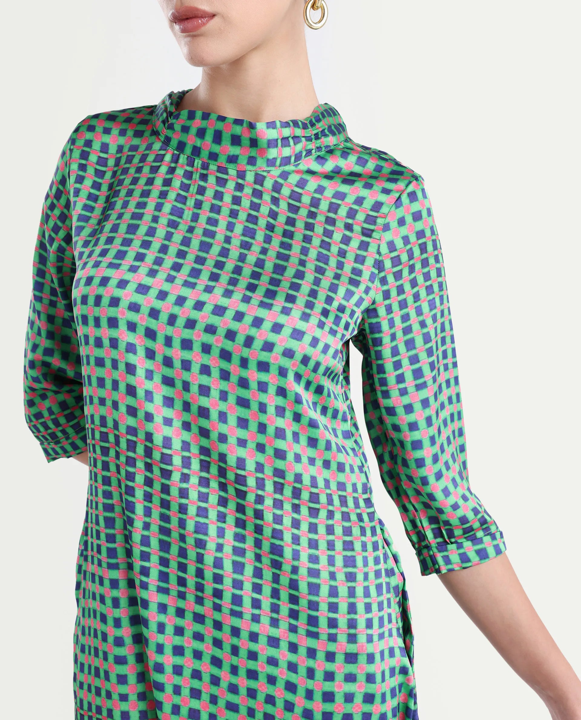 Rareism Women's Gleam Green Polyester High Neck Geometric Print Knee Length Regular Fit Dress