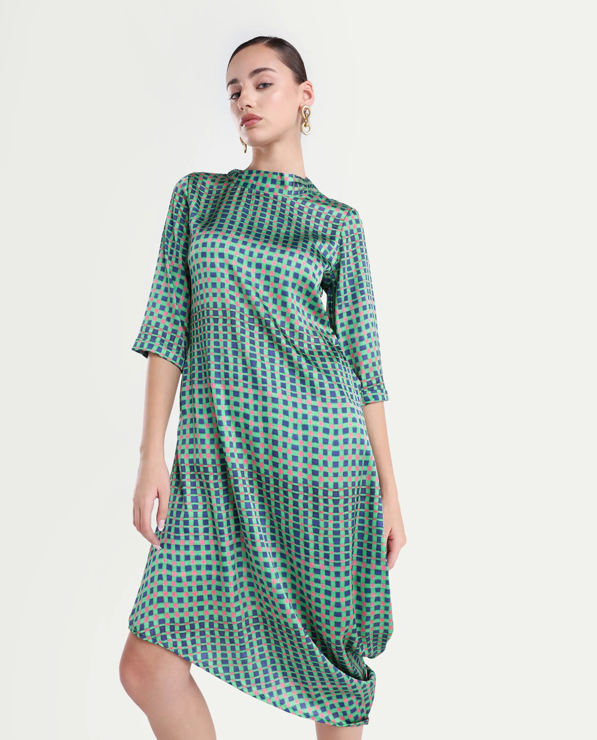 Rareism Women's Gleam Green Polyester High Neck Geometric Print Knee Length Regular Fit Dress