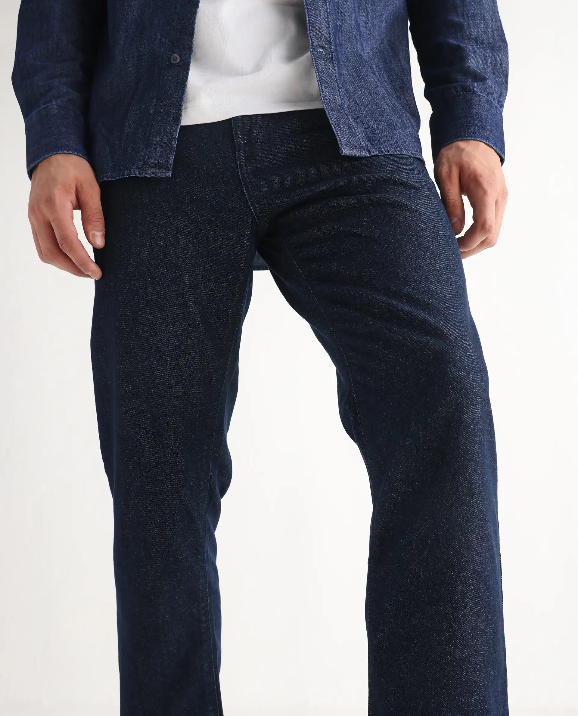 Rare Rabbit Men's Gleb Dark Blue Cotton Plain Kurt Carrot Fit Jeans