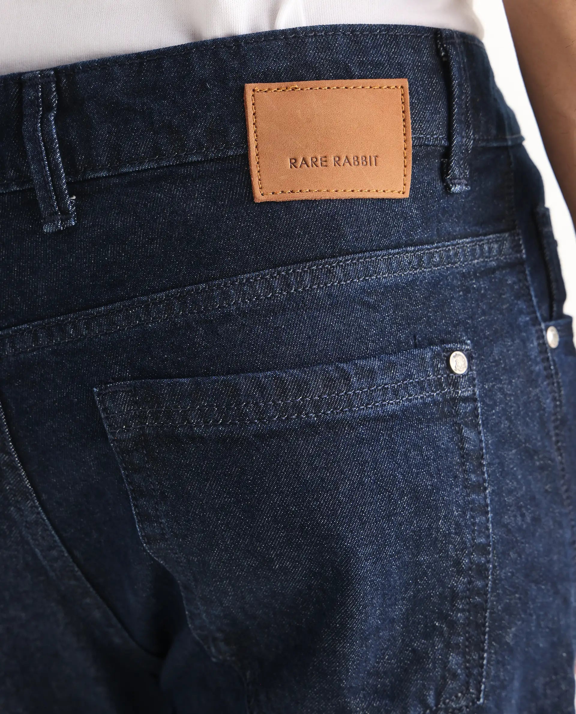 Rare Rabbit Men's Gleb Dark Blue Cotton Plain Kurt Carrot Fit Jeans