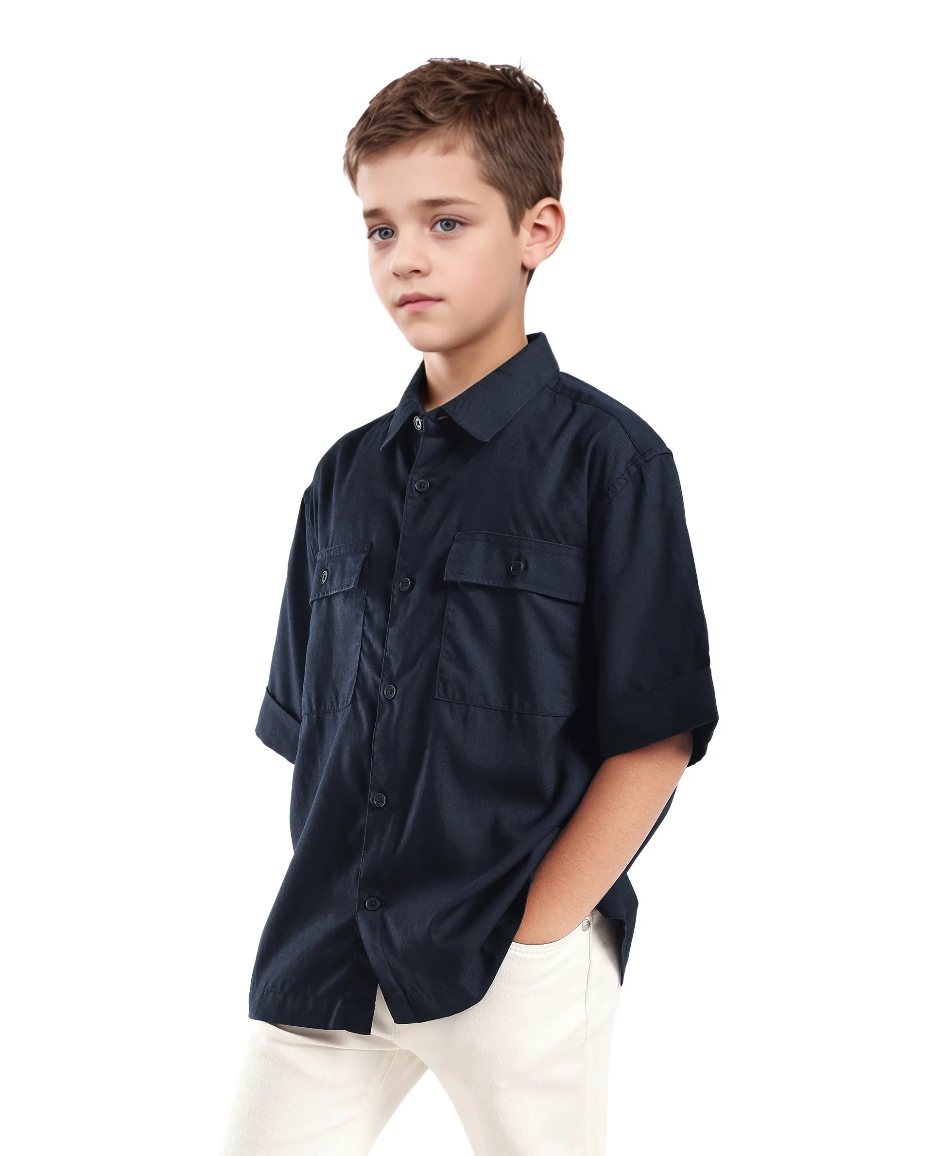 Rare Ones Kids Glin-S Navy Polyester Blend Solid Button Closure Boxy Fit Shirt