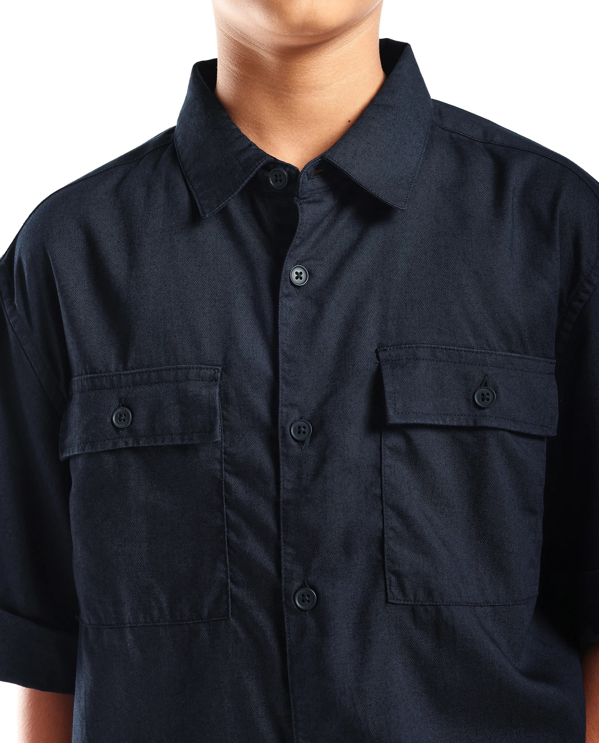 Rare Ones Kids Glin-S Navy Polyester Blend Solid Button Closure Boxy Fit Shirt