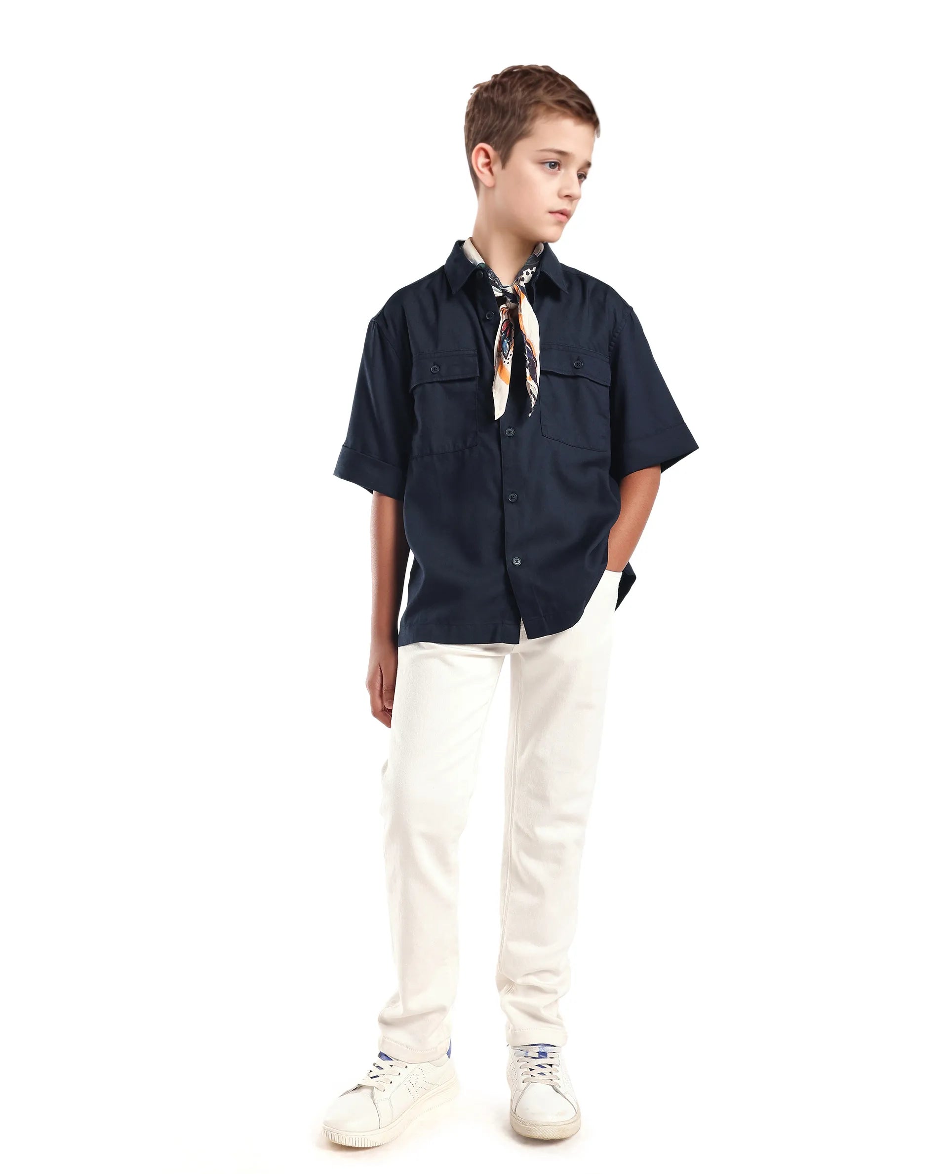 Rare Ones Kids Glin-S Navy Polyester Blend Solid Button Closure Boxy Fit Shirt