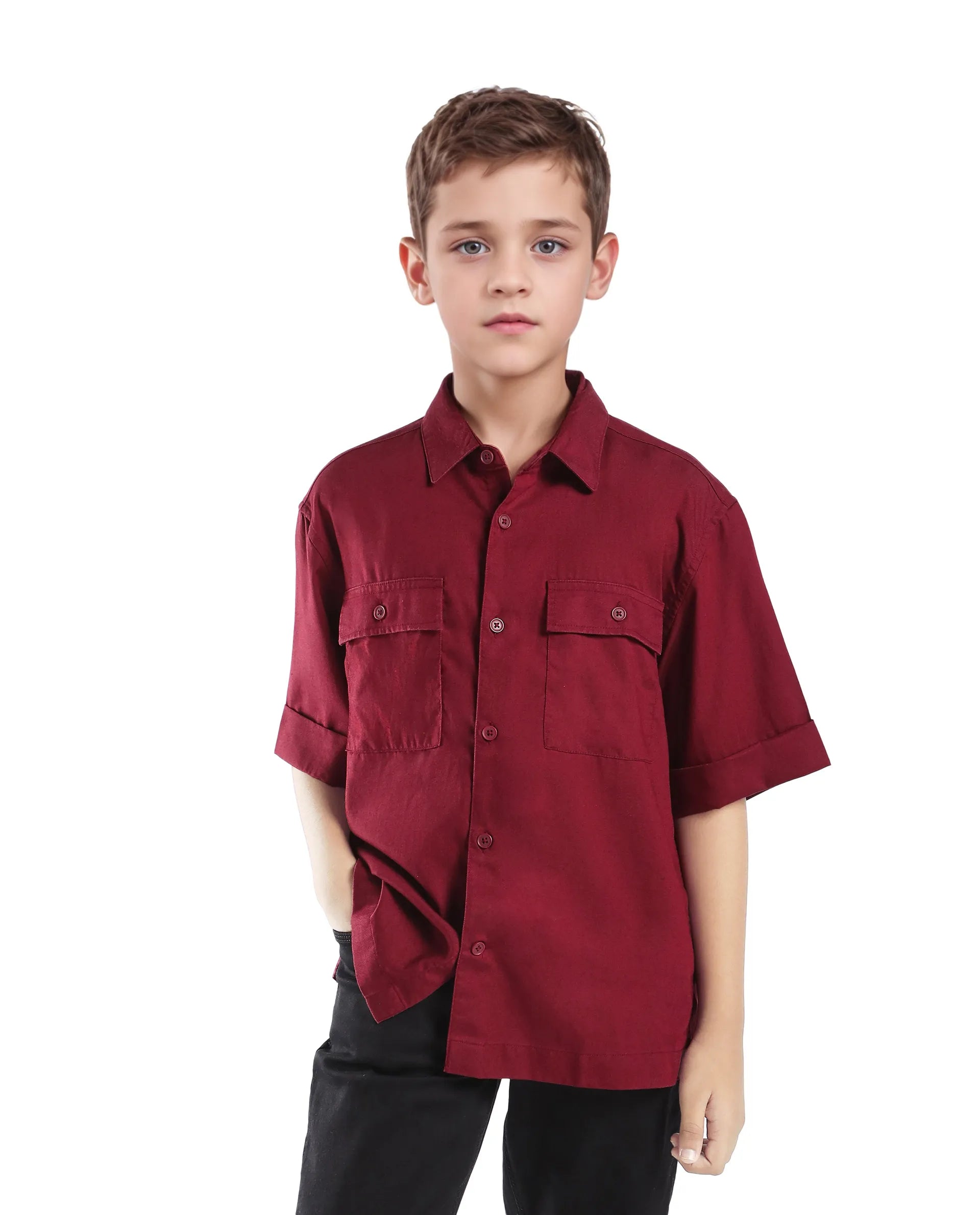 Rare Ones Kids Glin-S Red Polyester Blend Solid Button Closure Boxy Fit Shirt