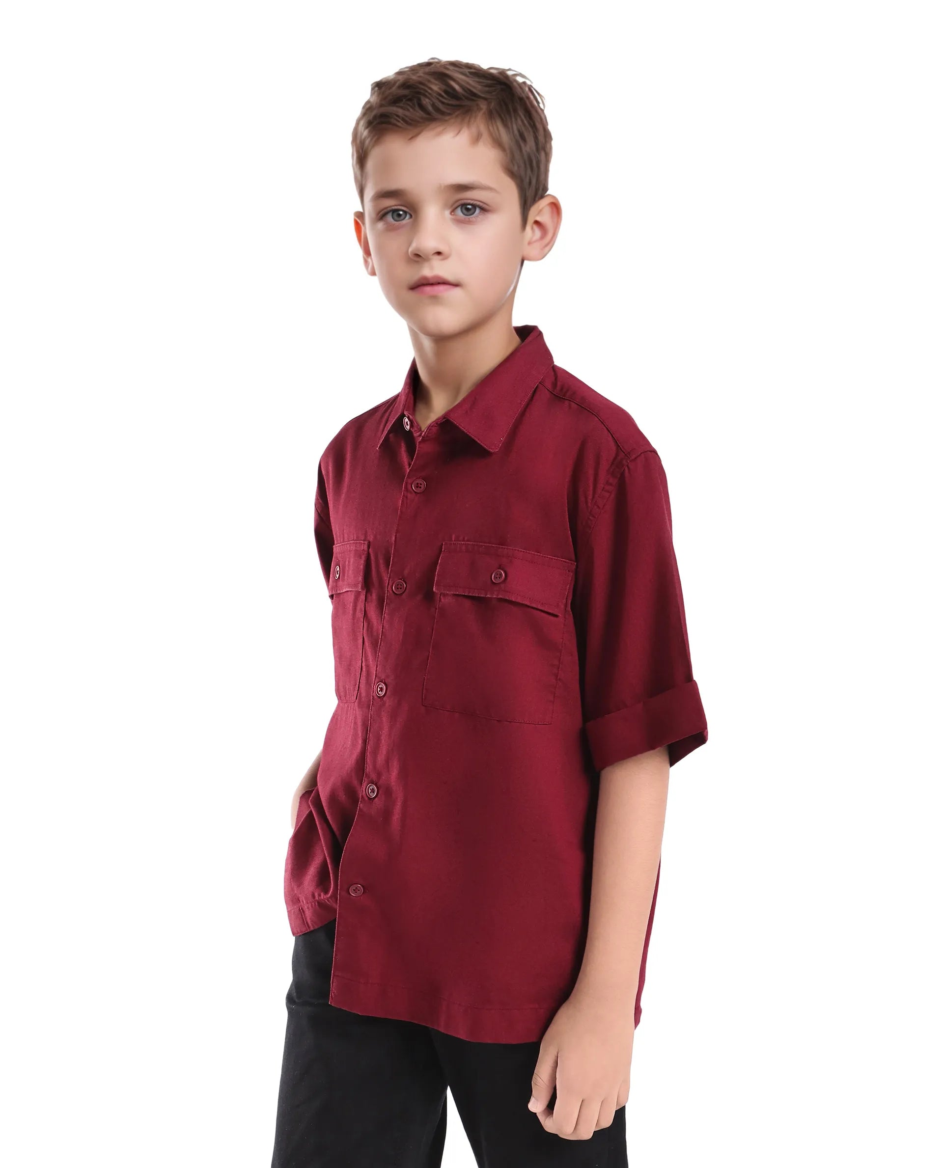 Rare Ones Kids Glin-S Red Polyester Blend Solid Button Closure Boxy Fit Shirt