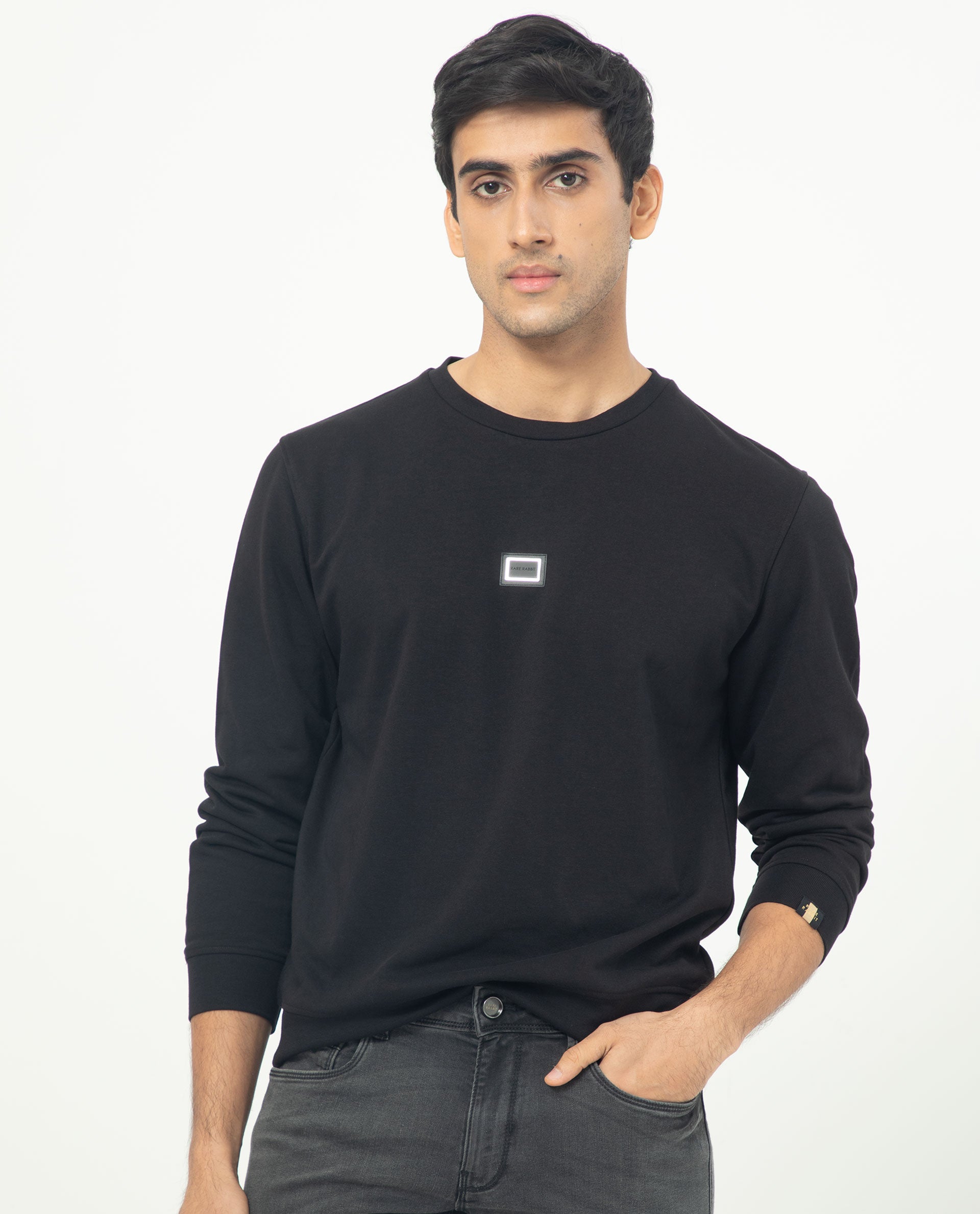 Rare Rabbit Men's Glitch Black Cotton Polyester Fabric Full Sleeves Solid Knitted Sweatshirt