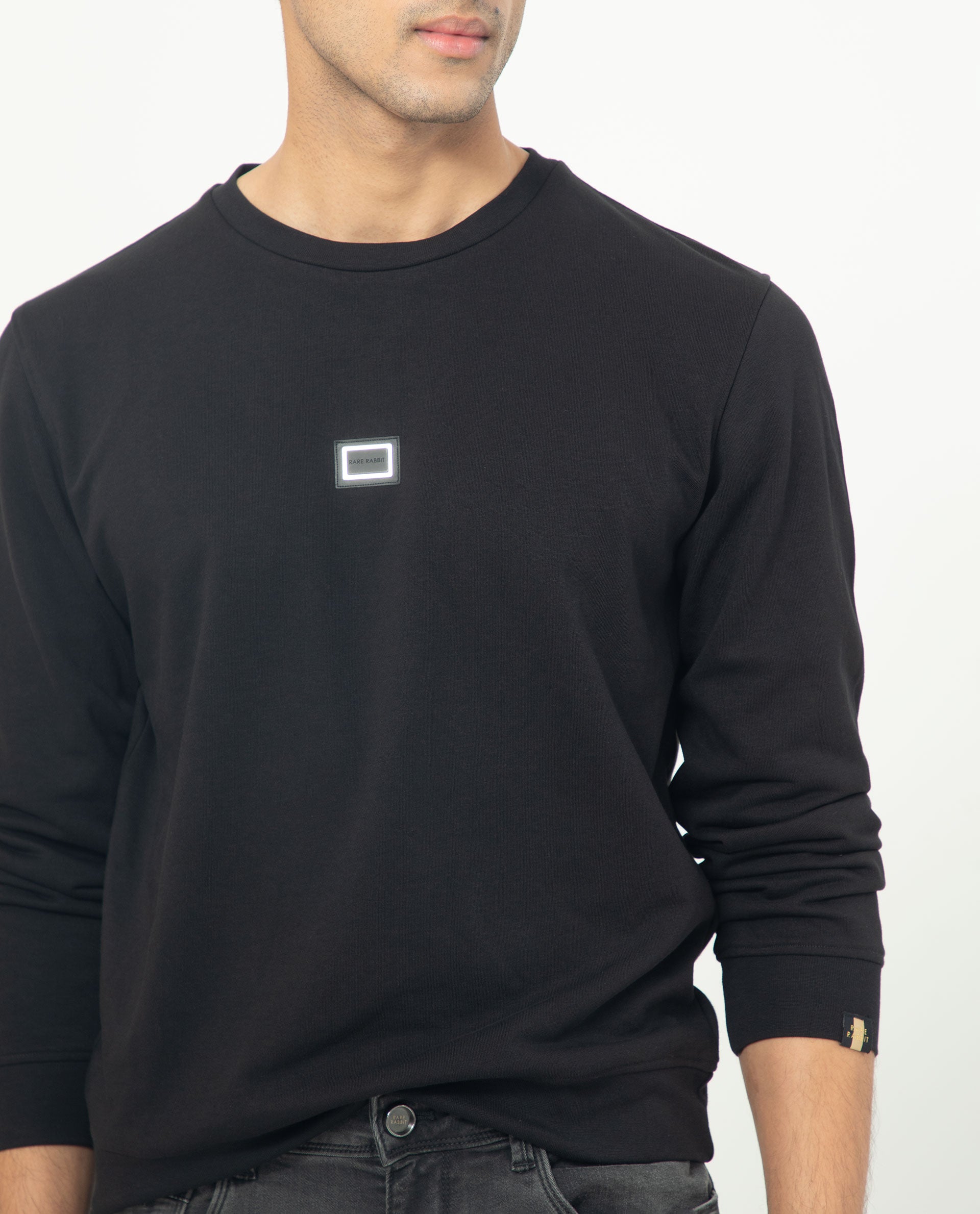 Rare Rabbit Men's Glitch Black Cotton Polyester Fabric Full Sleeves Solid Knitted Sweatshirt