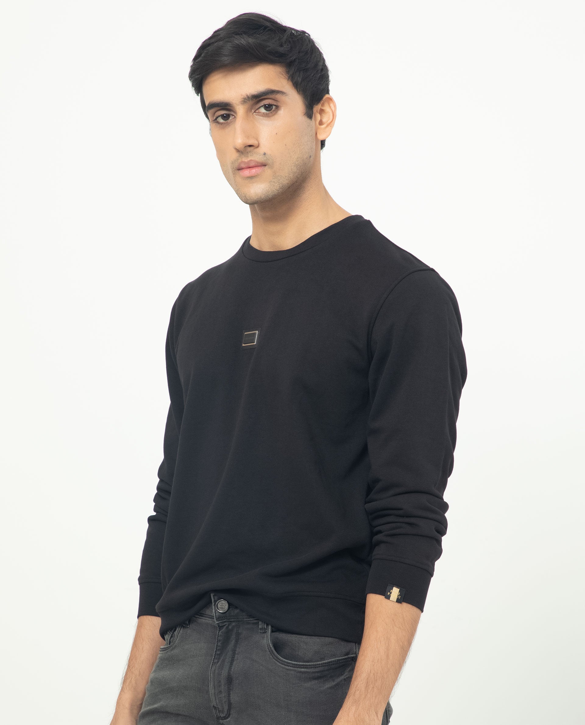 Rare Rabbit Men's Glitch Black Cotton Polyester Fabric Full Sleeves Solid Knitted Sweatshirt