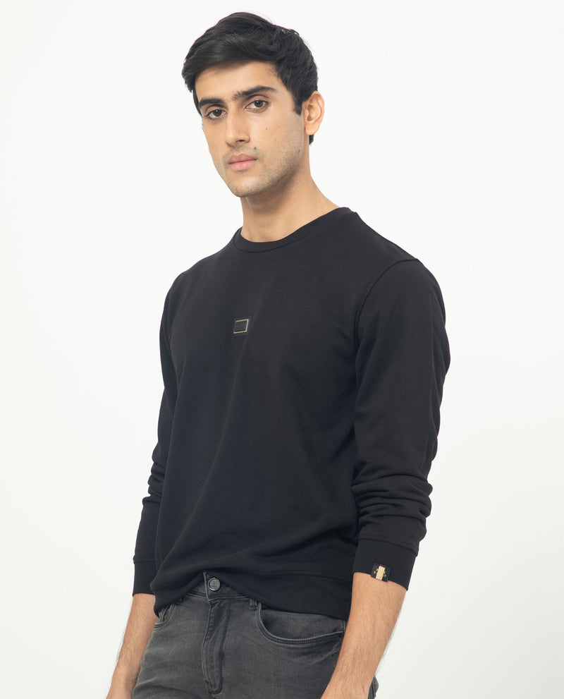 RARE RABBIT MENS GLITCH BLACK SWEATSHIRT COTTON POLYESTER TERRY FABRIC ROUND NECK KNITTED FULL SLEEVES COMFORTABLE FIT