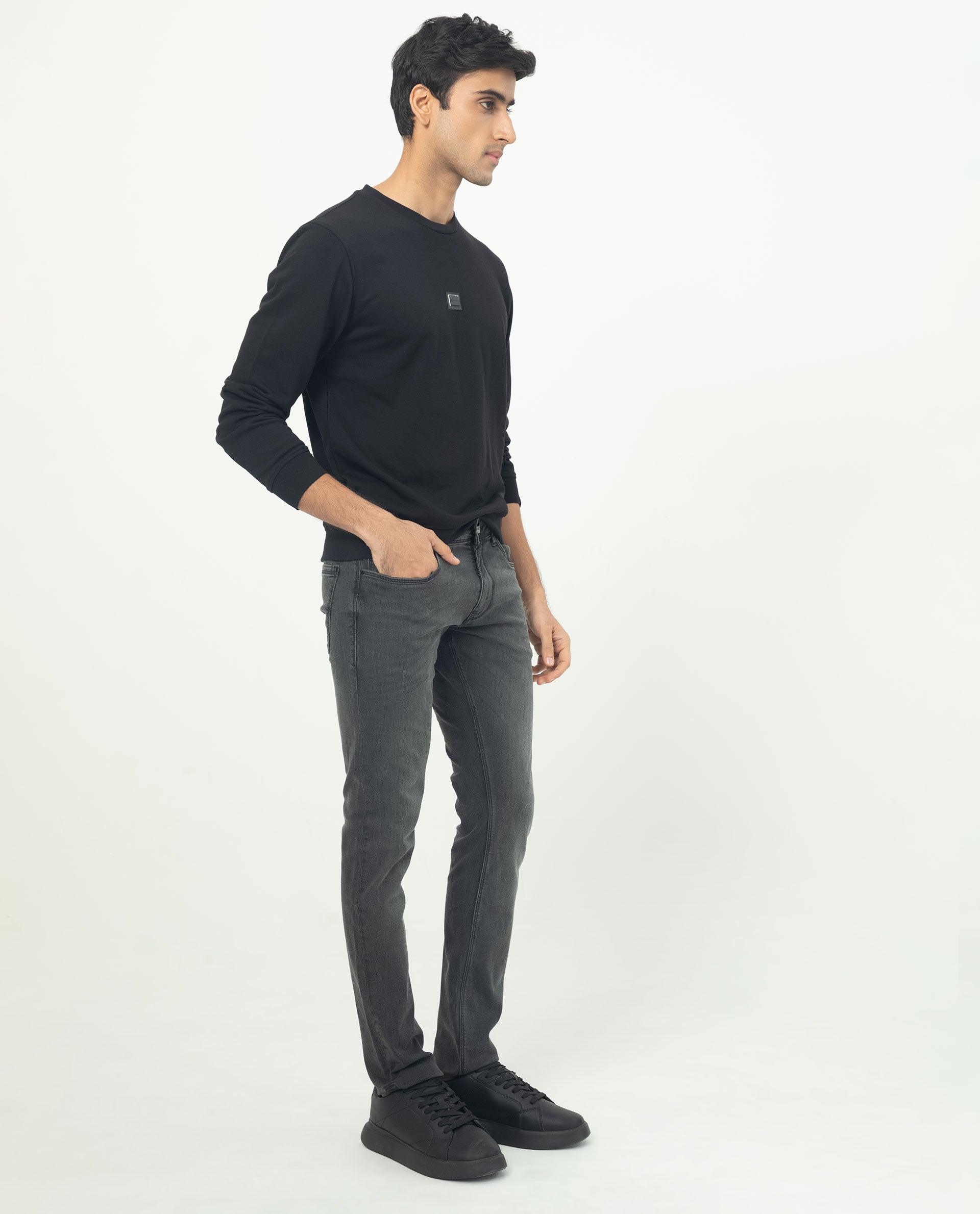 Rare Rabbit Men's Glitch Black Cotton Polyester Fabric Full Sleeves Solid Knitted Sweatshirt