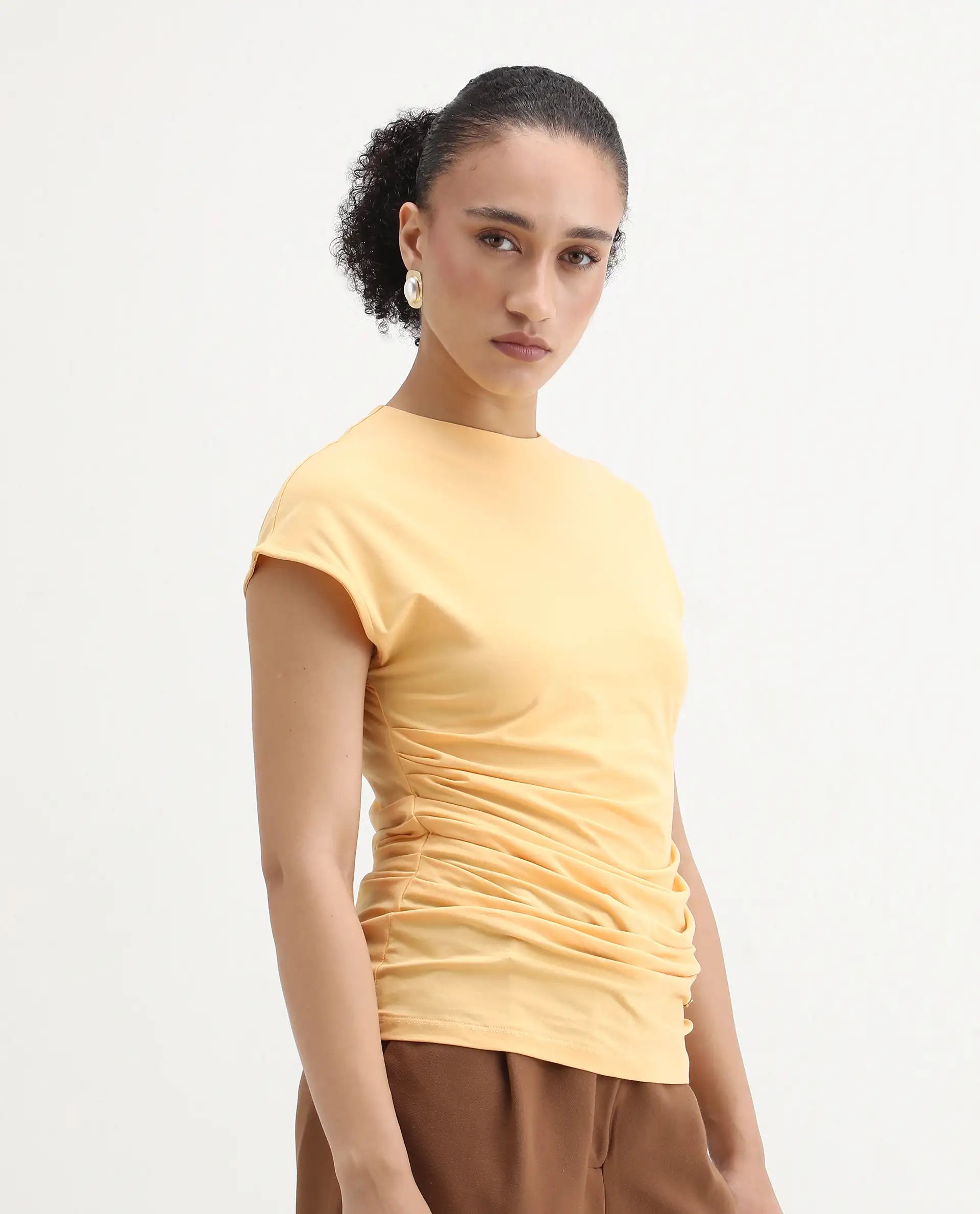 Rareism Women's Granden Light Yellow Cotton Crew Neck Plain Extended Sleeves Regular Fit Top