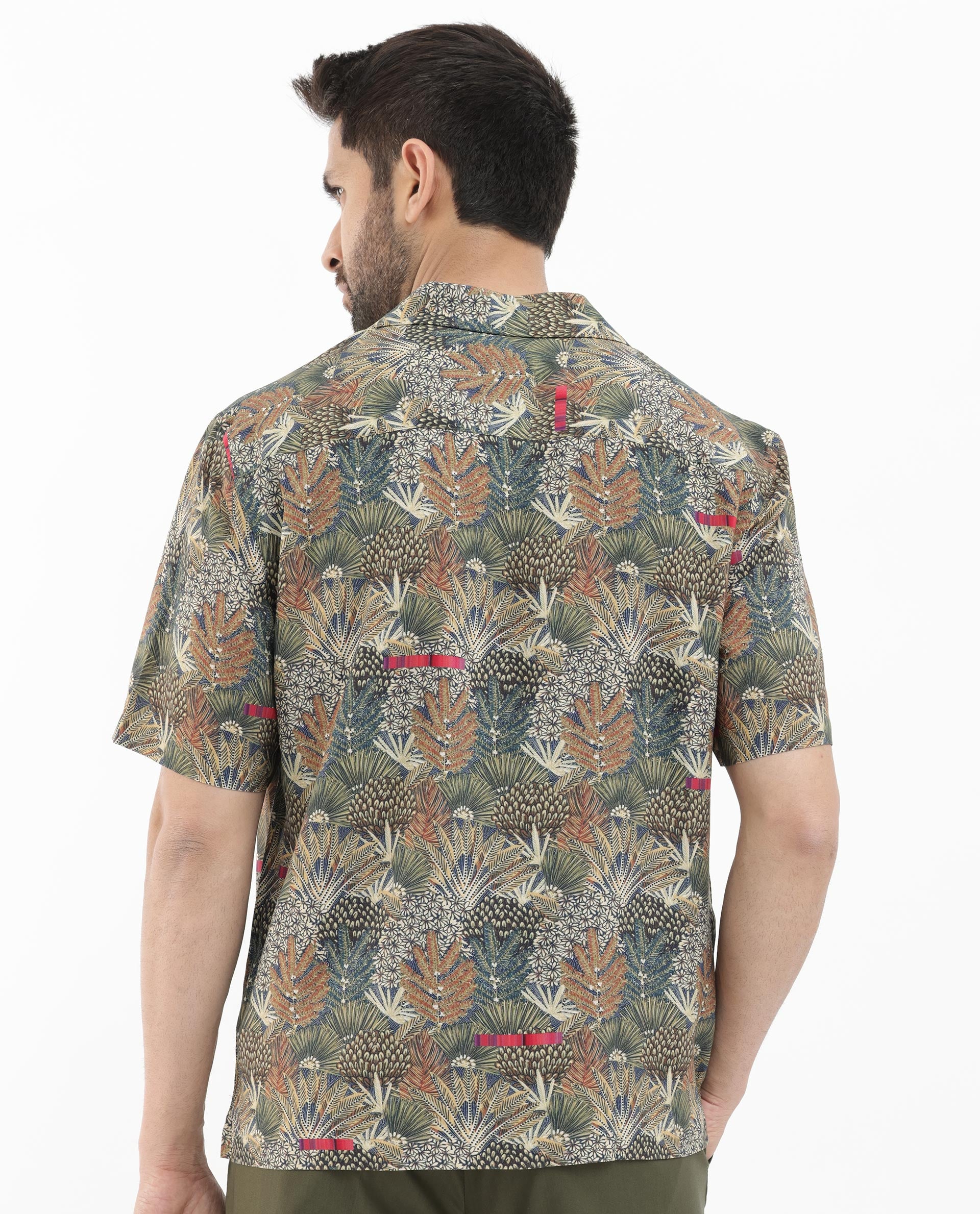 Rare Rabbit Mens Grake Light Olive Short Sleeve Cuban Collar Boxy Fit Tropical Print Shirt