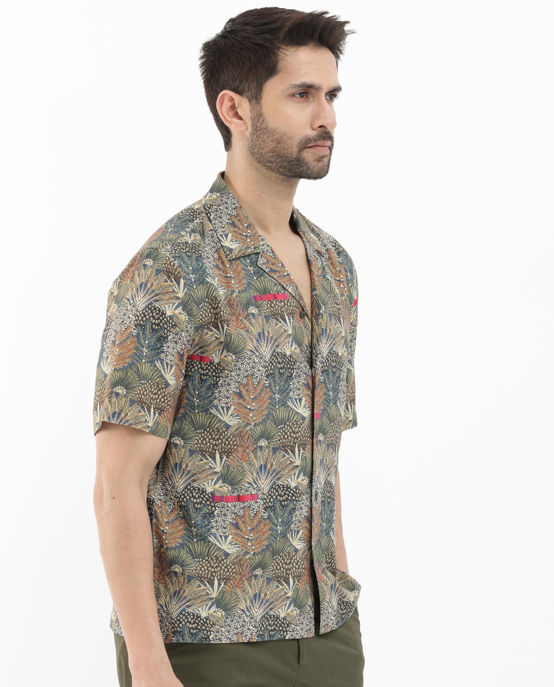 Rare Rabbit Mens Grake Light Olive Short Sleeve Cuban Collar Boxy Fit Tropical Print Shirt