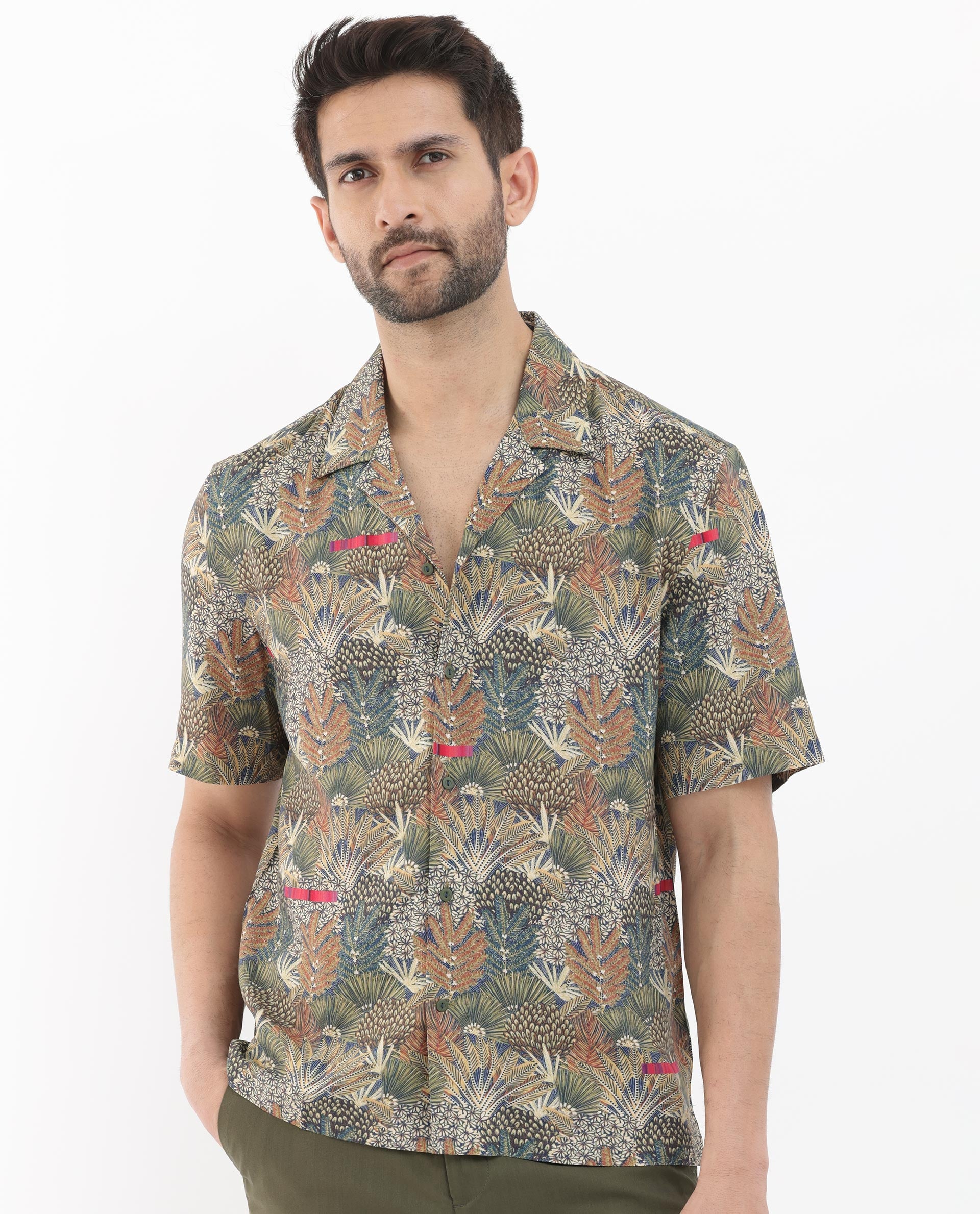 Rare Rabbit Mens Grake Light Olive Short Sleeve Cuban Collar Boxy Fit Tropical Print Shirt