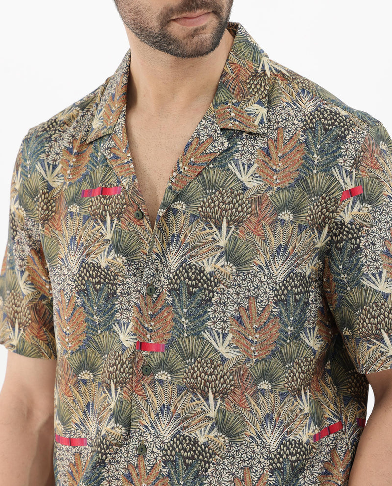 Rare Rabbit Mens Grake Light Olive Short Sleeve Tropical Print Cuban Collar Shirt