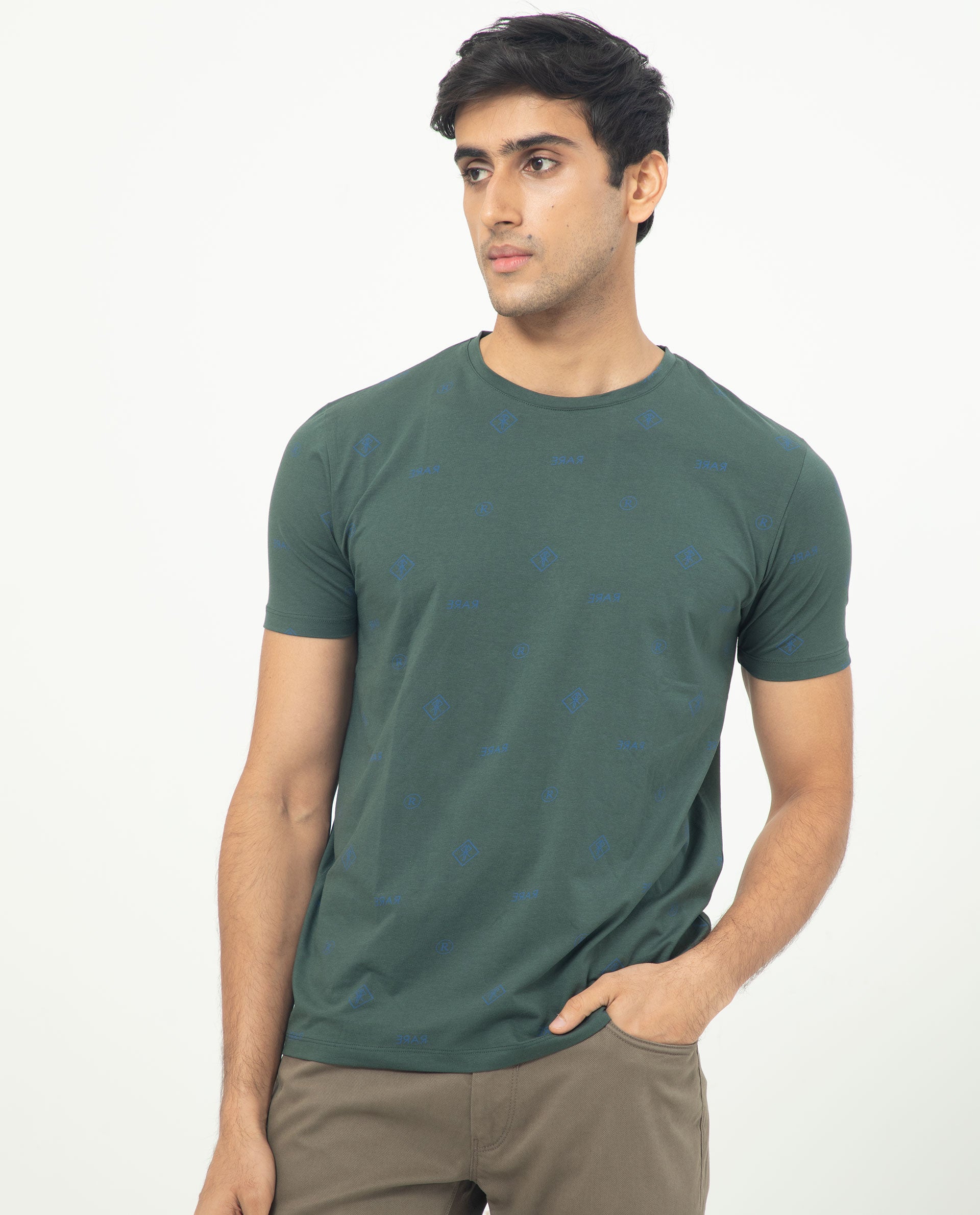 Rare Rabbit Men's Grammy Dark Green Crew Neck Half Sleeves Regular Fit Monogram Print T-Shirt