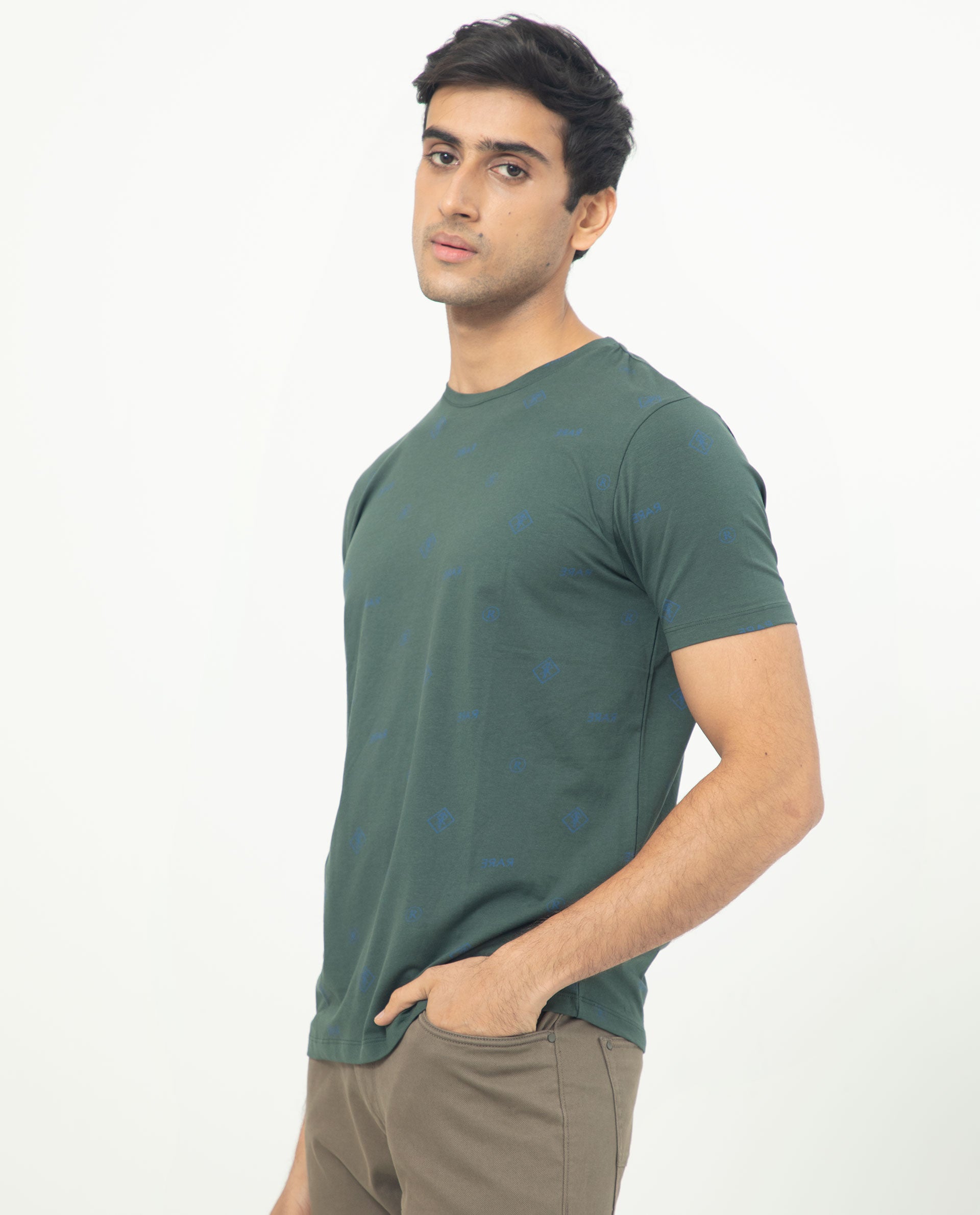 Rare Rabbit Men's Grammy Dark Green Crew Neck Half Sleeves Regular Fit Monogram Print T-Shirt