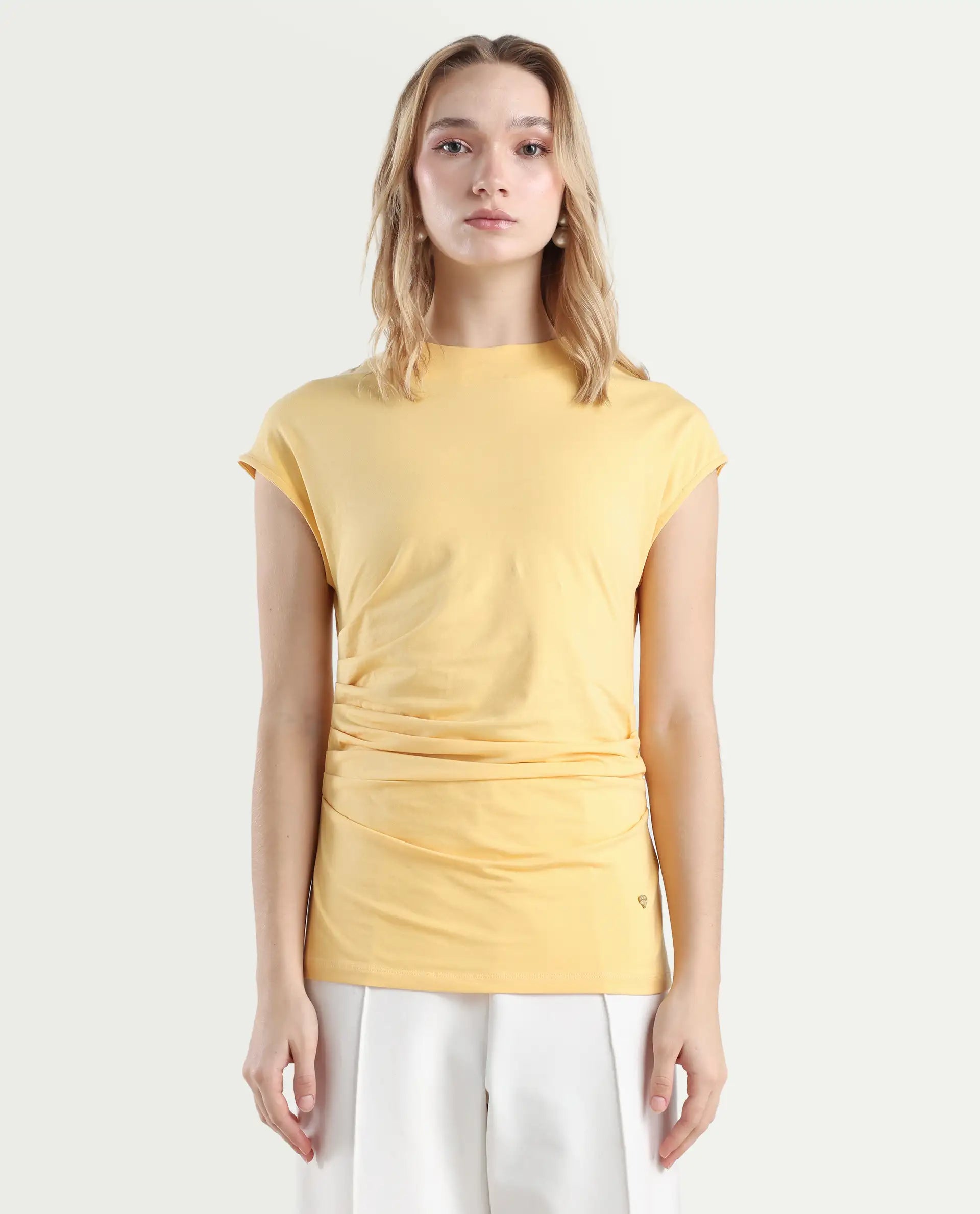 Rareism Women's Granden Light Yellow Cotton Crew Neck Plain Extended Sleeves Regular Fit Top