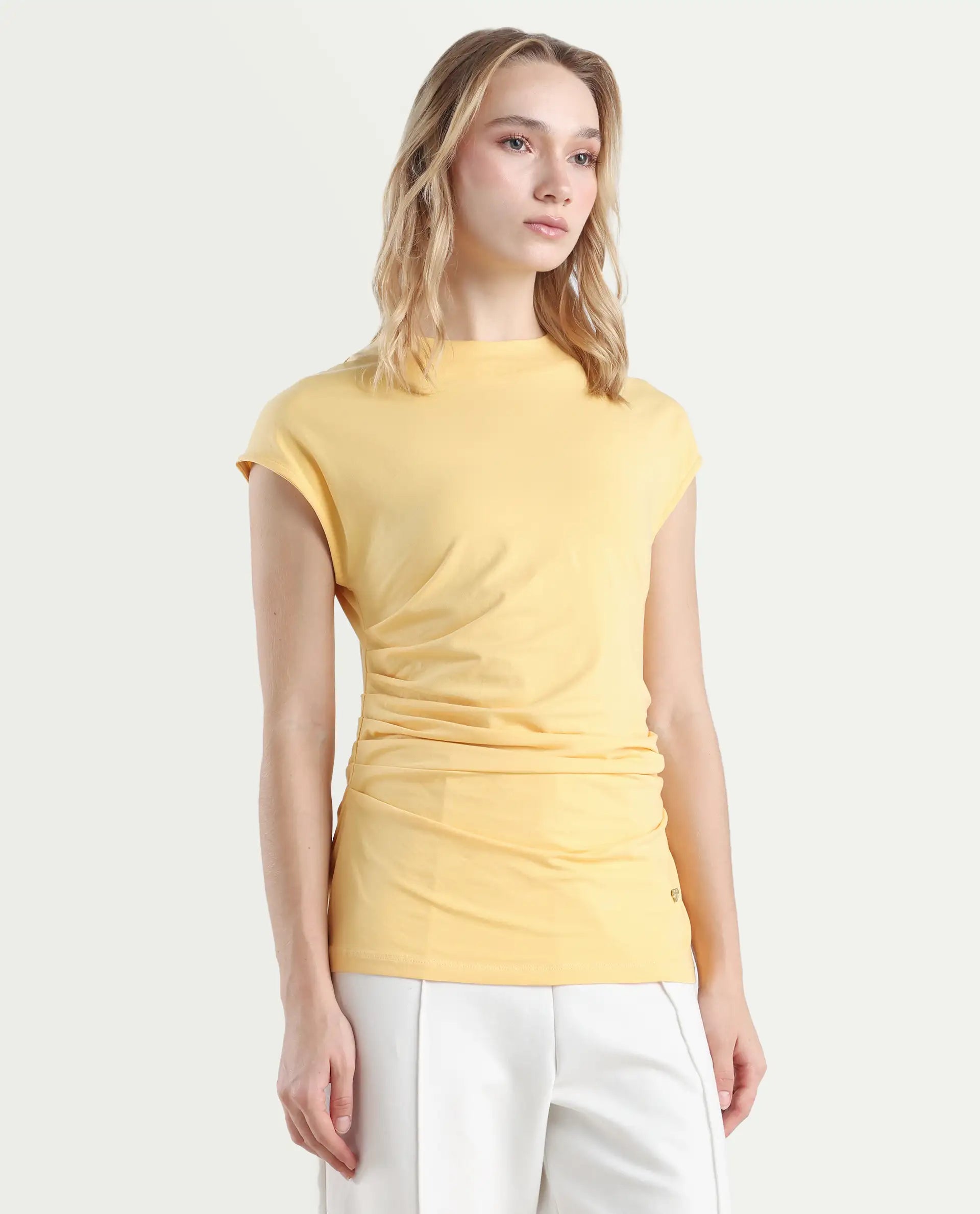 Rareism Women's Granden Light Yellow Cotton Crew Neck Plain Extended Sleeves Regular Fit Top