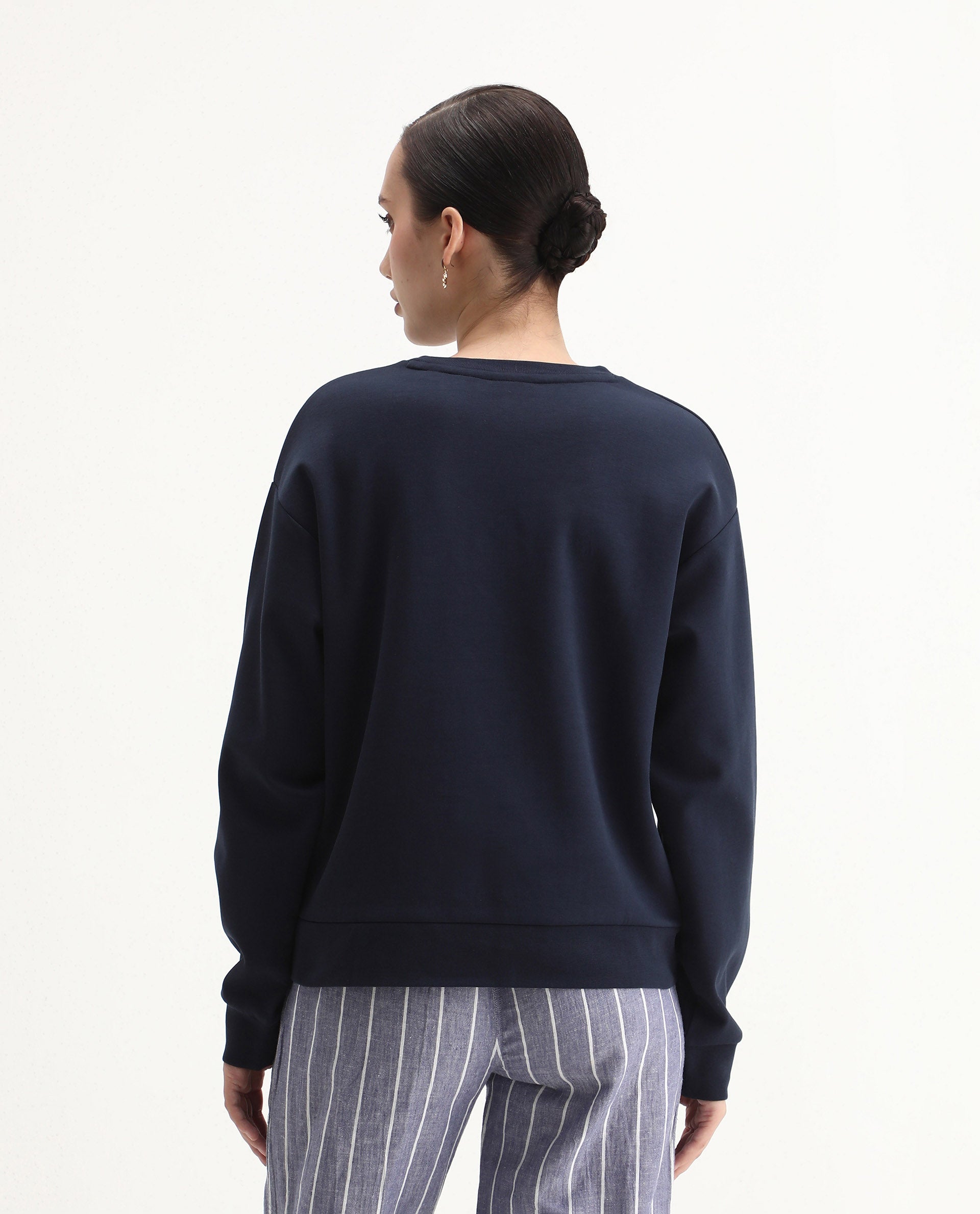 Rareism Women's Greta Navy Cotton Blend Crew Neck Regular Fit Printed Sweatshirt