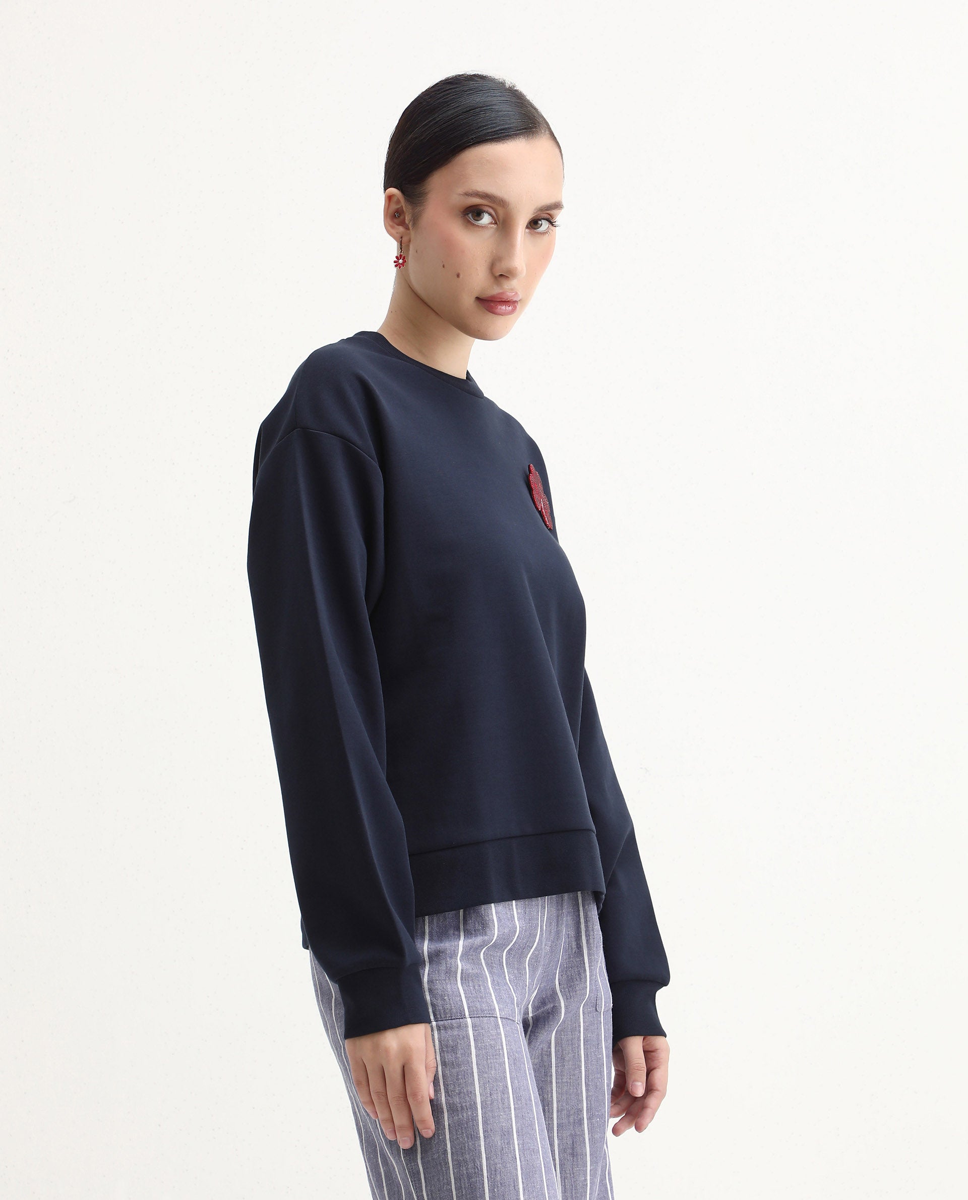 Rareism Women's Greta Navy Cotton Blend Crew Neck Regular Fit Printed Sweatshirt