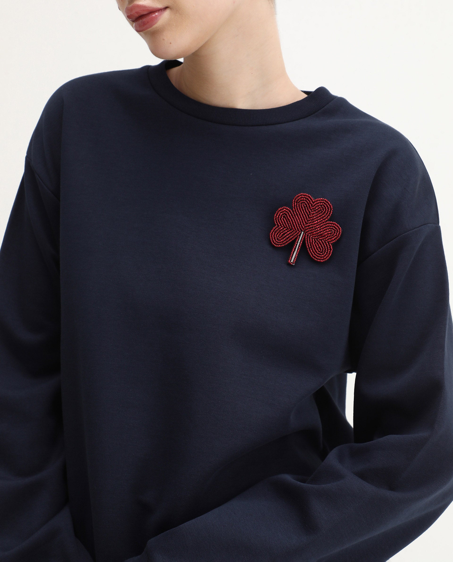 Rareism Women's Greta Navy Cotton Blend Crew Neck Regular Fit Printed Sweatshirt