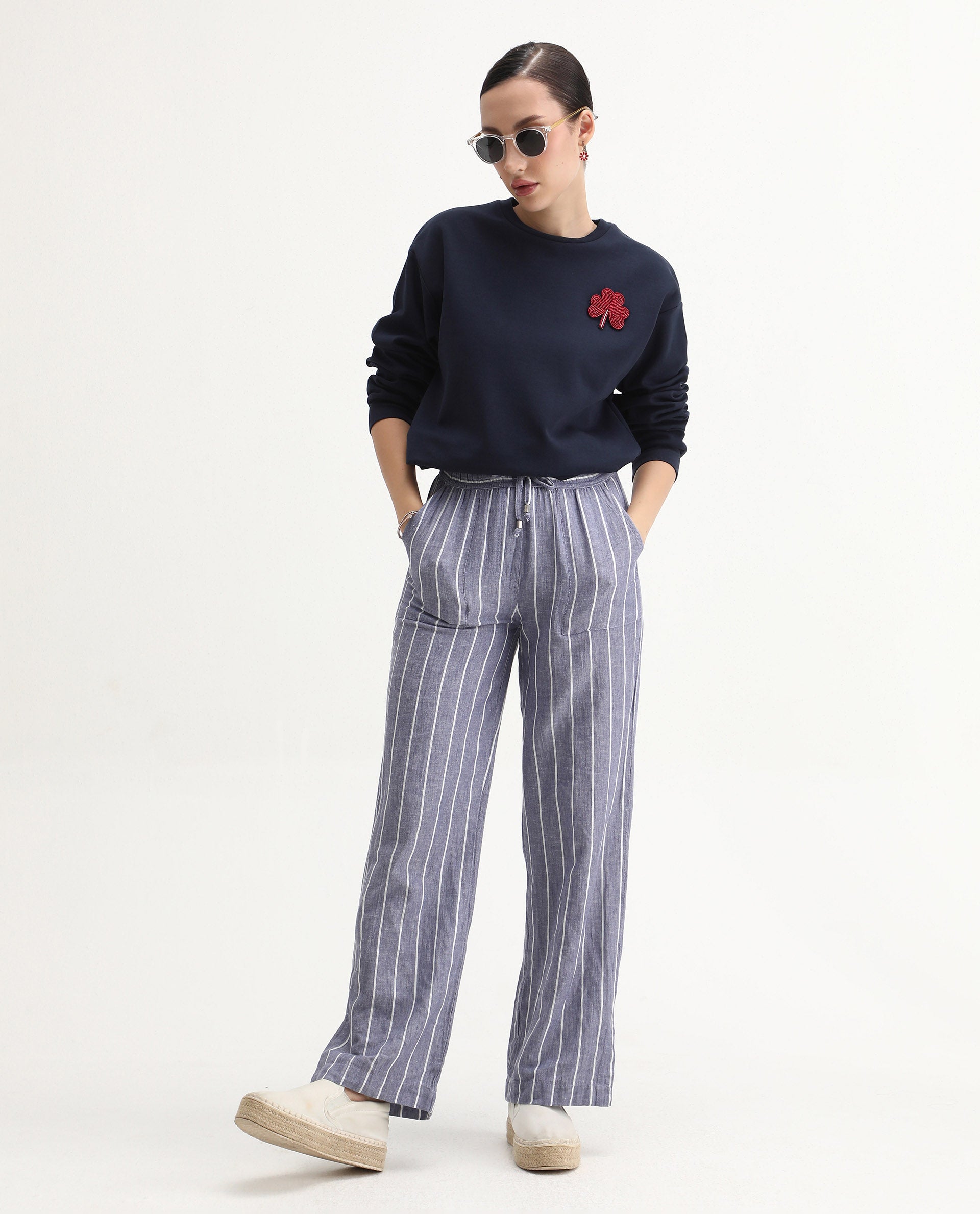 Rareism Women's Greta Navy Cotton Blend Crew Neck Regular Fit Printed Sweatshirt