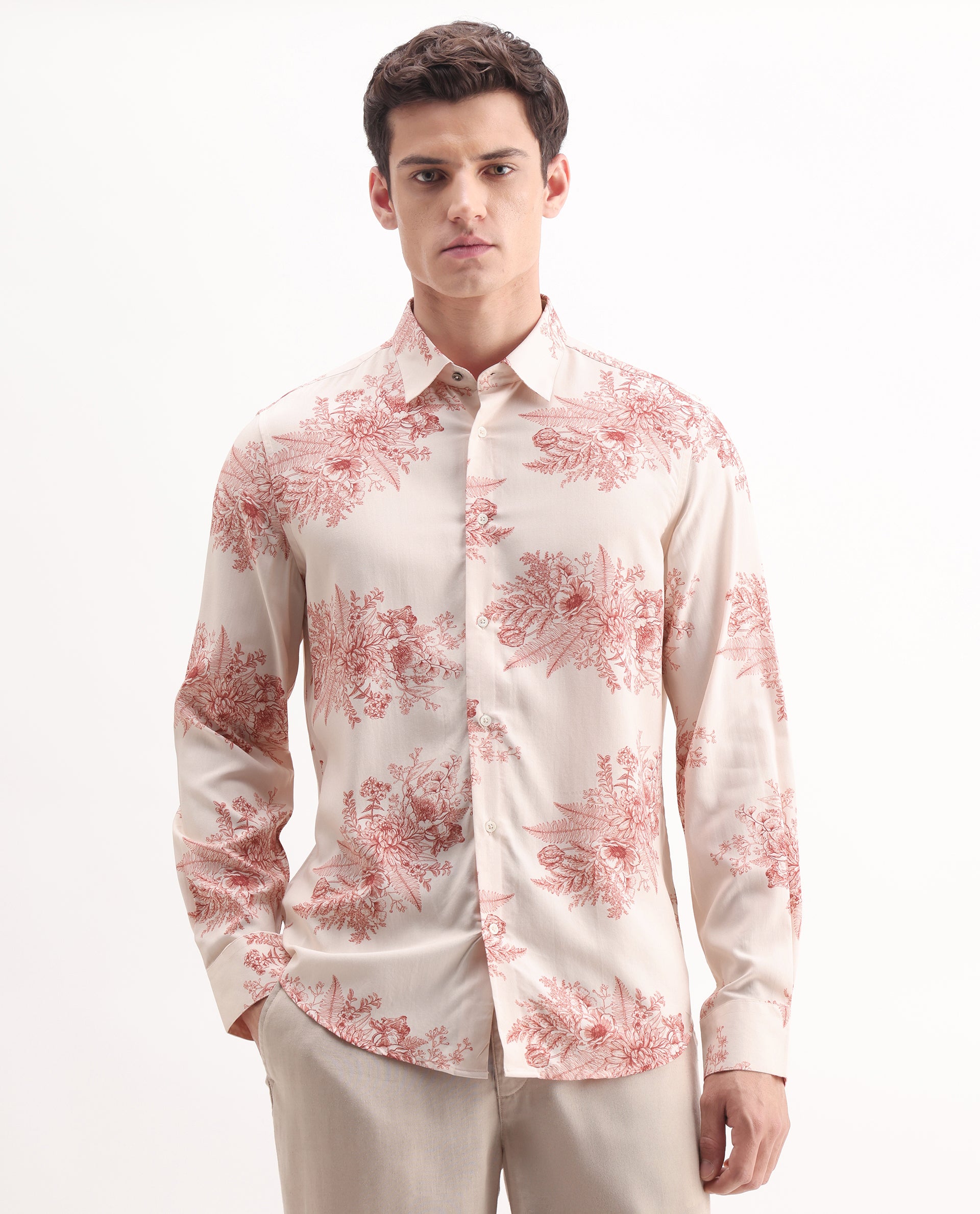 Rare Rabbit Men's Grim Peach Viscose Floral Print Regular Fit Full Sleeve Collared Shirt