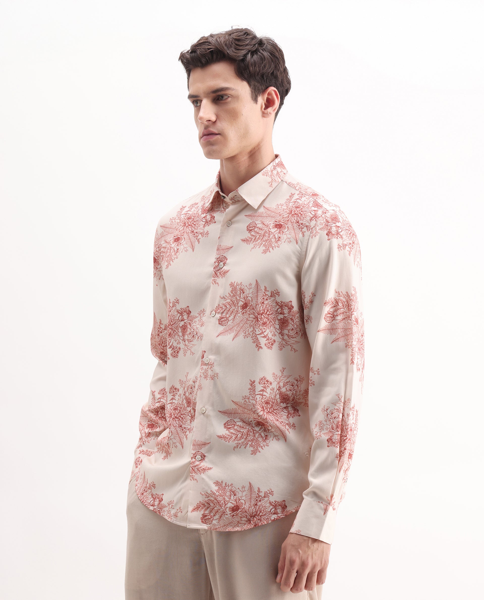Rare Rabbit Men's Grim Peach Viscose Floral Print Regular Fit Full Sleeve Collared Shirt