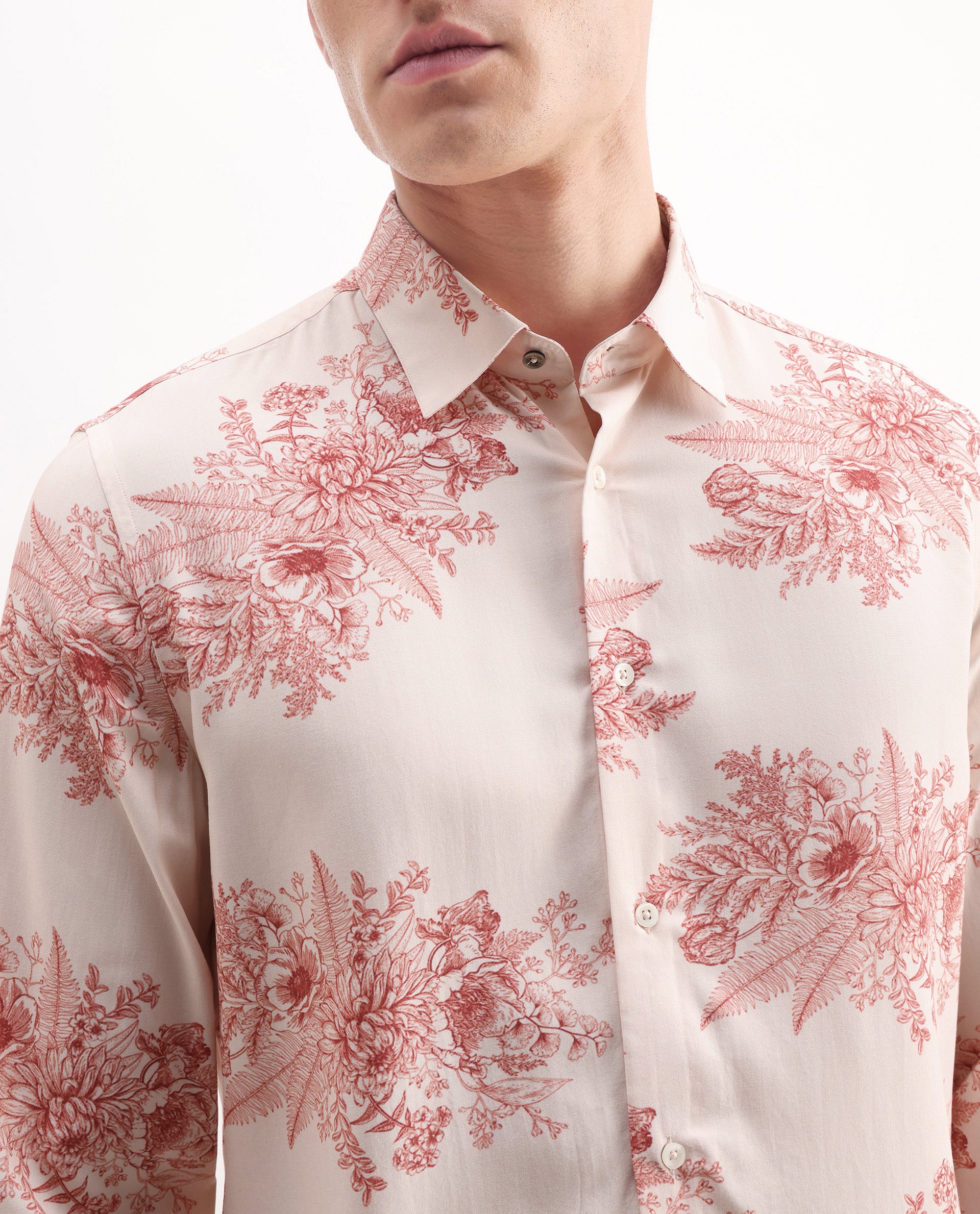 Rare Rabbit Men's Grim Peach Viscose Floral Print Regular Fit Full Sleeve Collared Shirt
