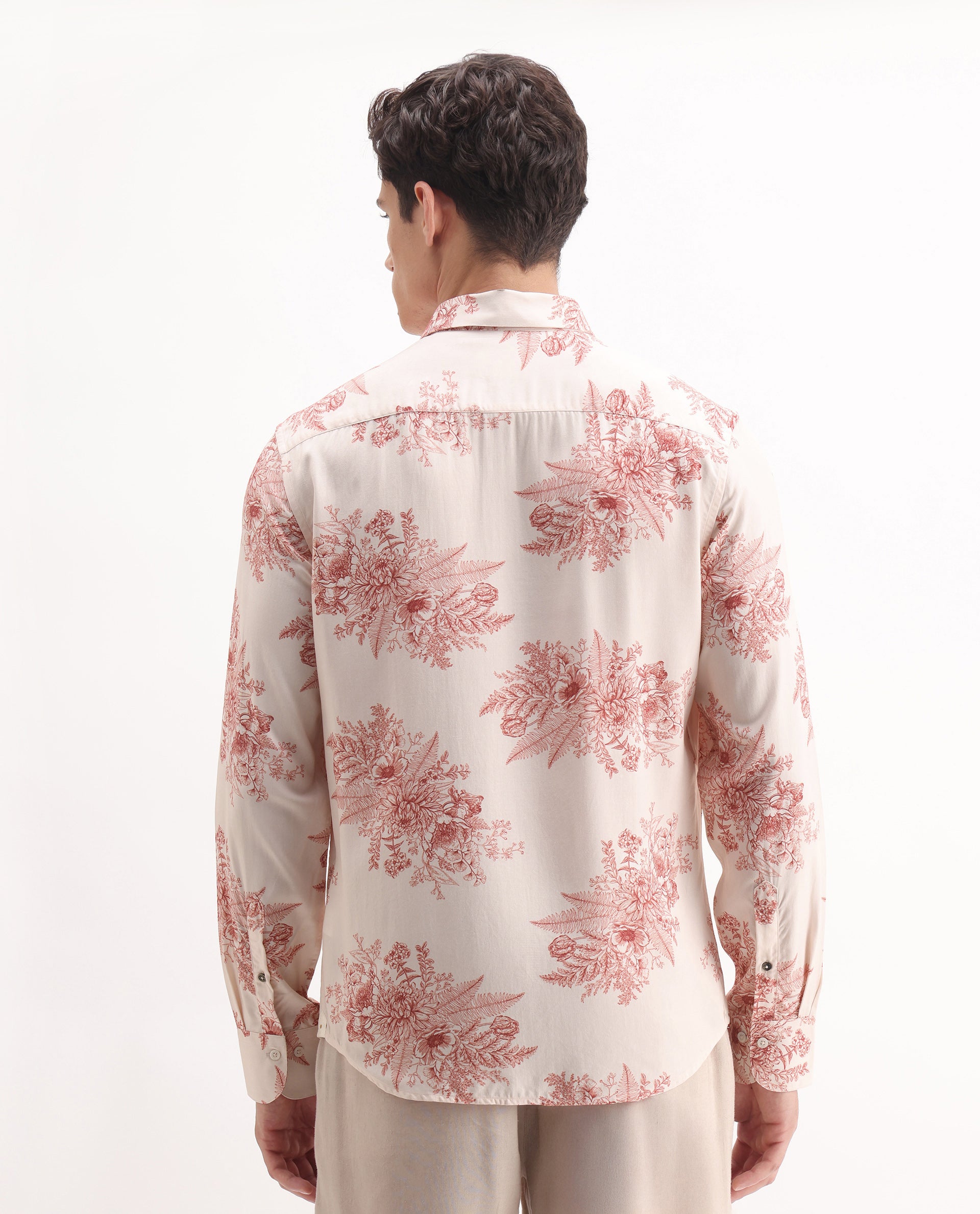 Rare Rabbit Men's Grim Peach Viscose Floral Print Regular Fit Full Sleeve Collared Shirt