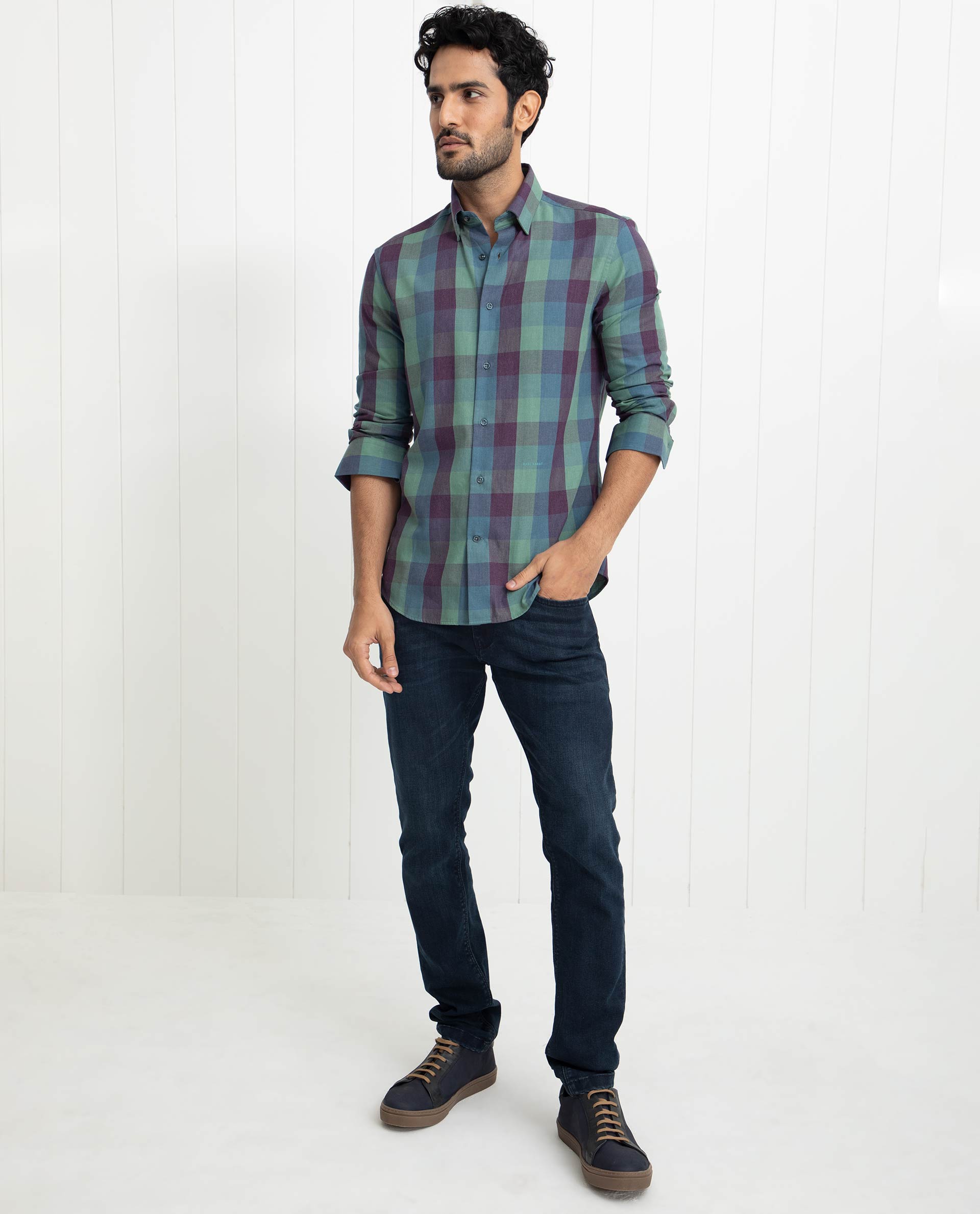 Rare Rabbit Men's Gulf Green Cotton Polyester Fabric Full Sleeves Checks Shirt