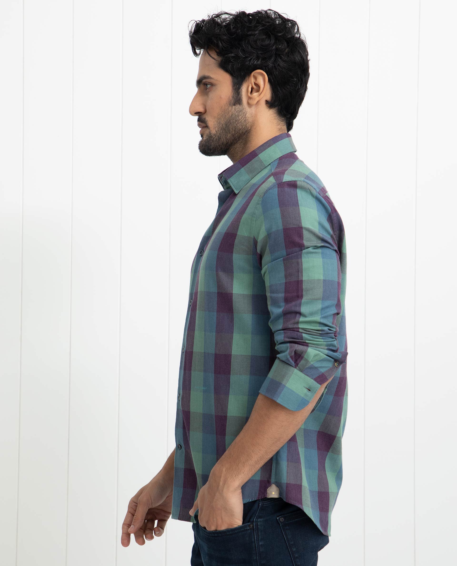 Rare Rabbit Men's Gulf Green Cotton Polyester Fabric Full Sleeves Checks Shirt