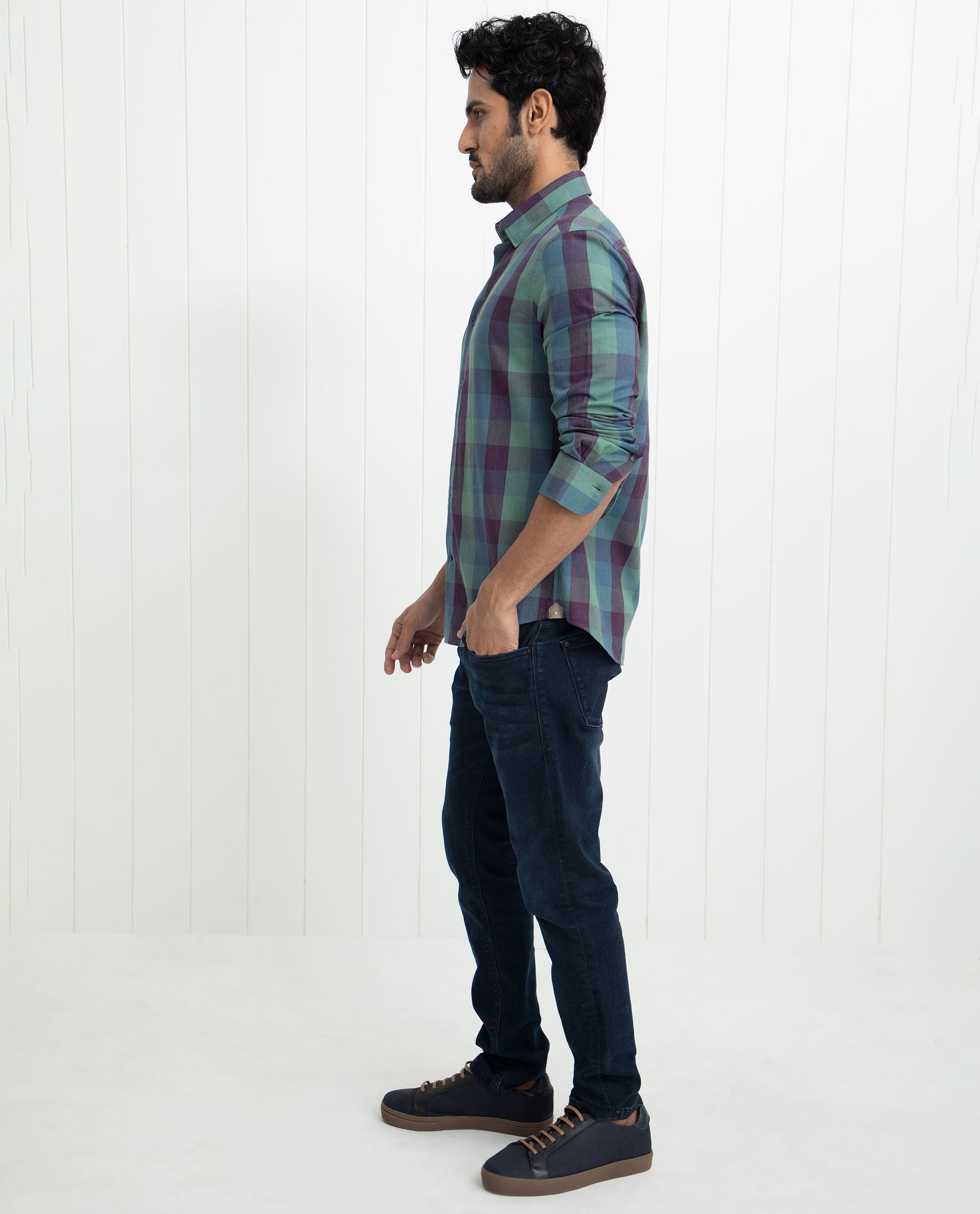 Rare Rabbit Men's Gulf Green Cotton Polyester Fabric Full Sleeves Checks Shirt