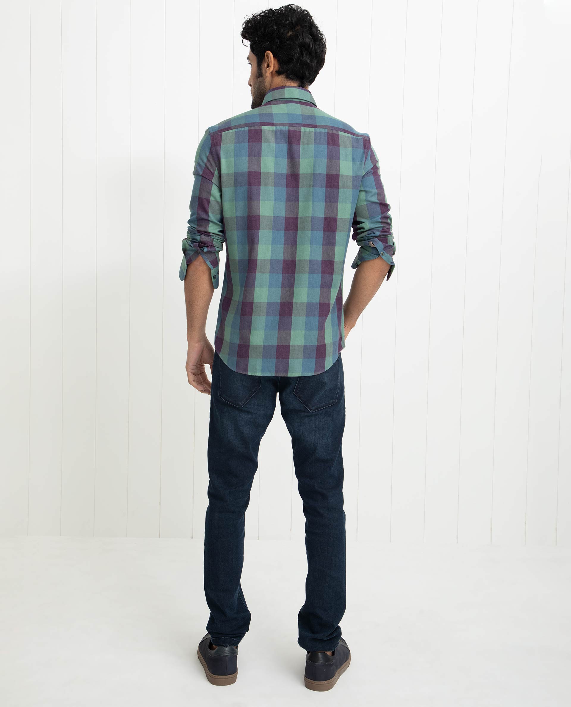 Rare Rabbit Men's Gulf Green Cotton Polyester Fabric Full Sleeves Checks Shirt