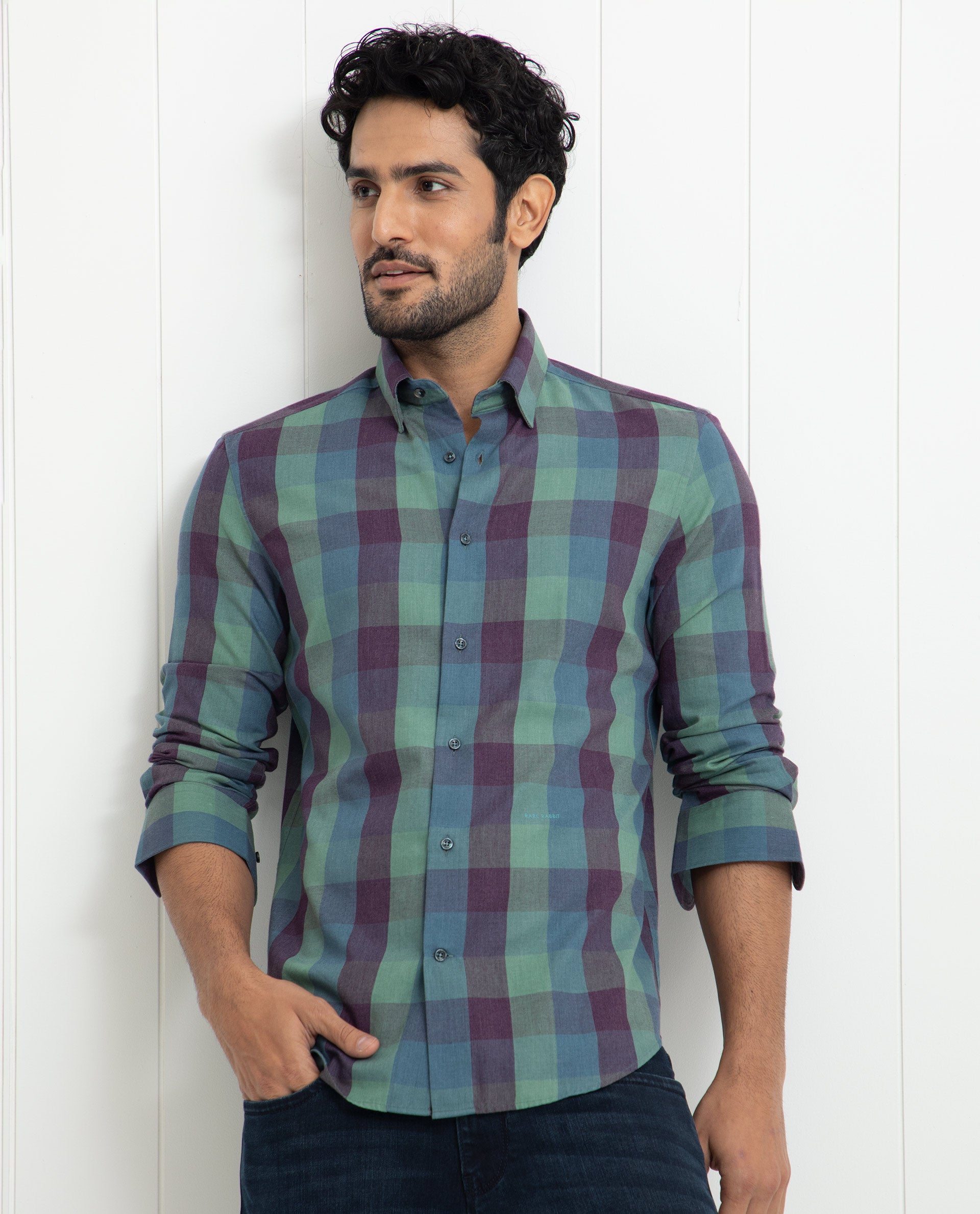 Rare Rabbit Men's Gulf Green Cotton Polyester Fabric Full Sleeves Checks Shirt