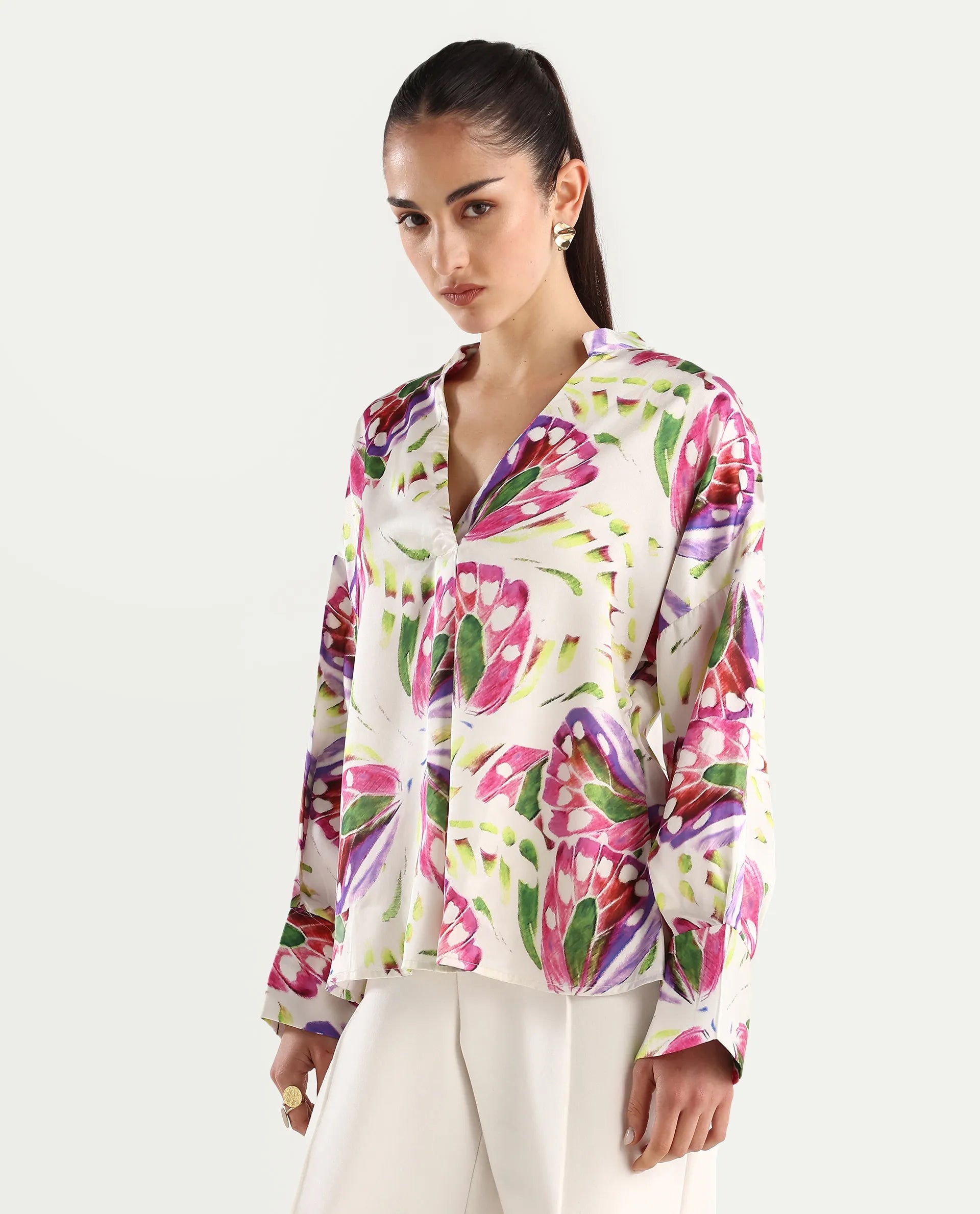 Rareism Women's Gunay Multi Polyester Polyester V-Neck Abstract Print Cuffed Sleeve Regular Fit Top