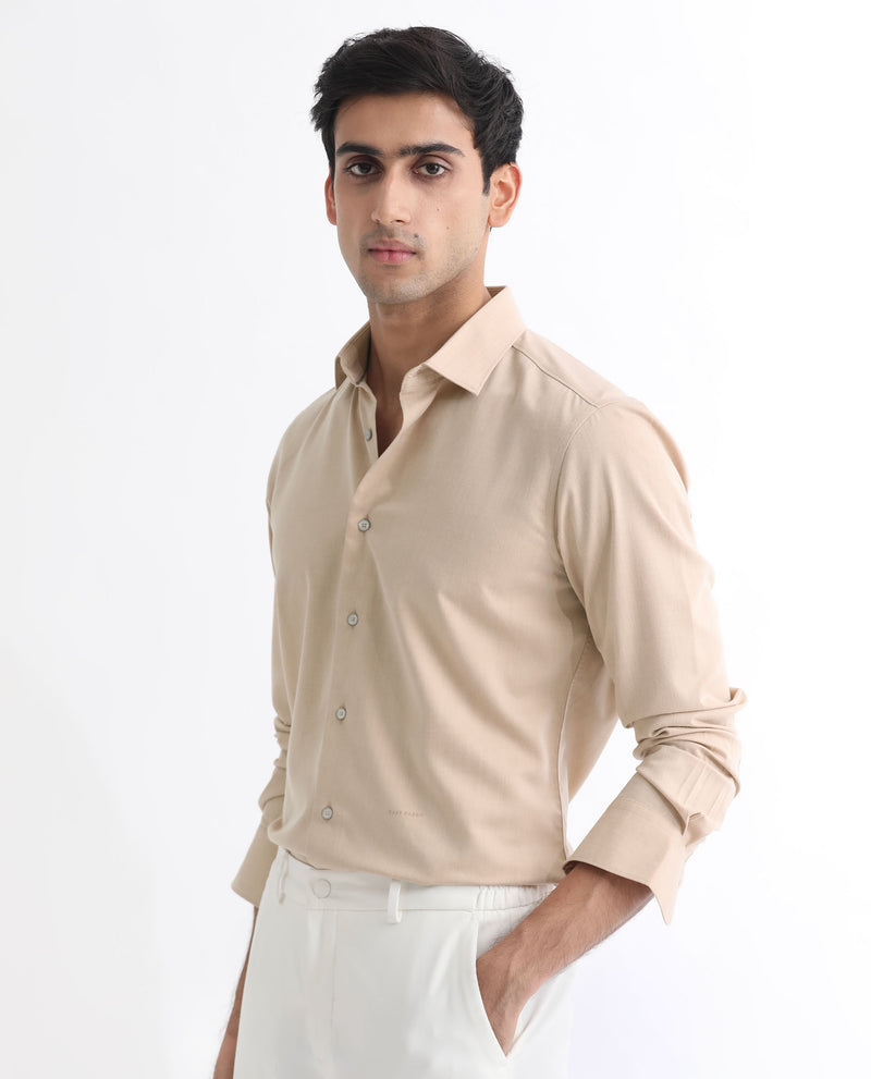 RARE RABBIT MENS GUNJAN BEIGE SHIRT CATIONIC POLYESTER COTTON FABRIC COLLARED NECK FULL SLEEVES BUTTON CLOSURE COMFORTABLE FIT