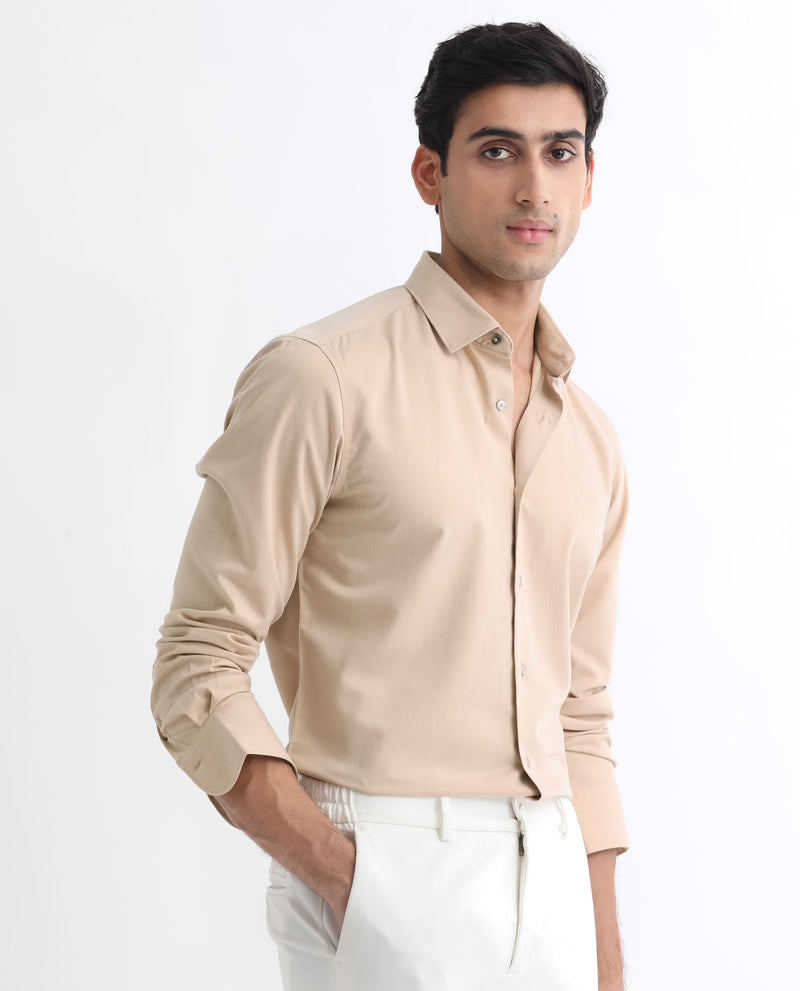 RARE RABBIT MENS GUNJAN BEIGE SHIRT CATIONIC POLYESTER COTTON FABRIC COLLARED NECK FULL SLEEVES BUTTON CLOSURE COMFORTABLE FIT