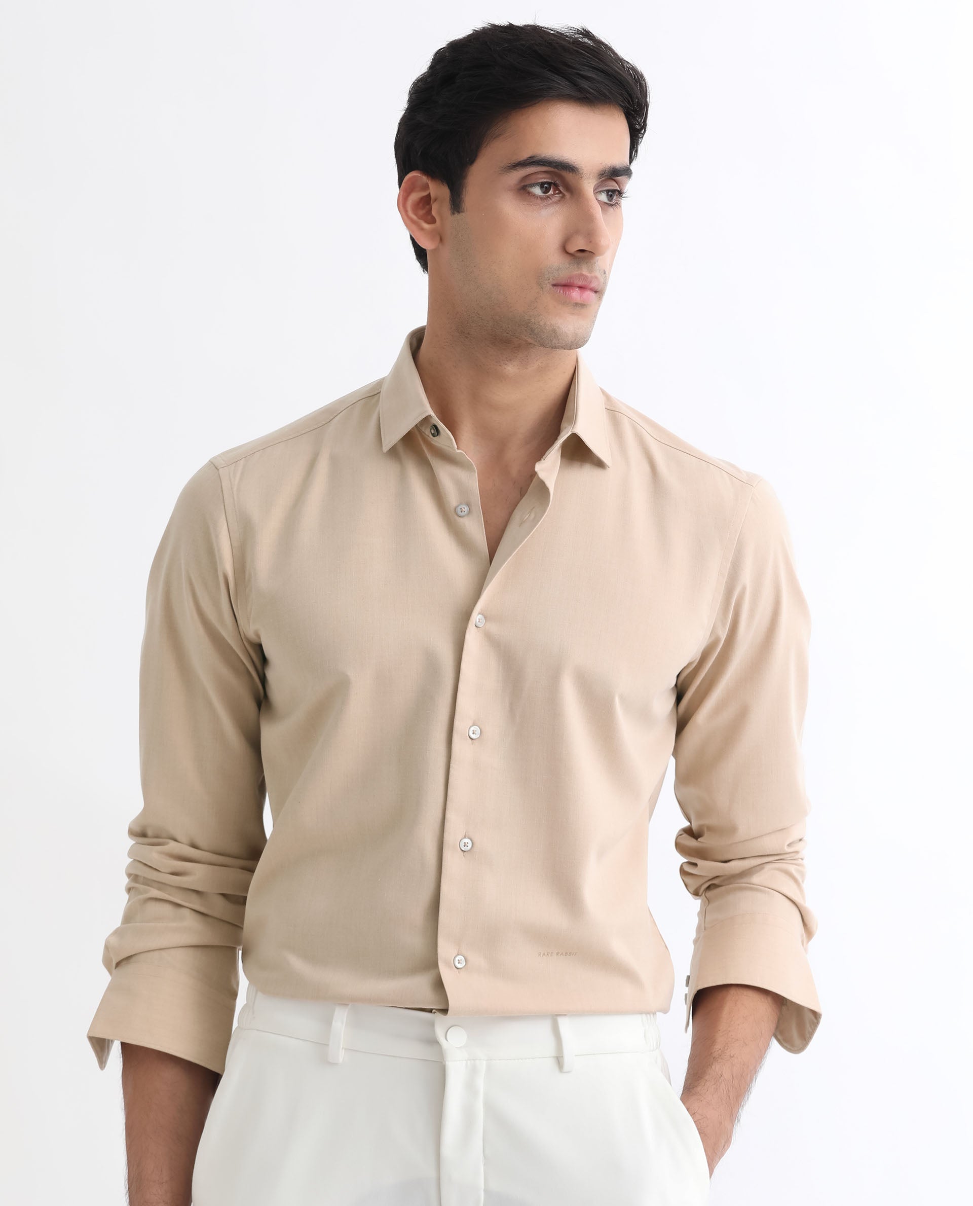 Rare Rabbit Men's Gunjan Beige Full Sleeves Regular Fit Solid Shirt