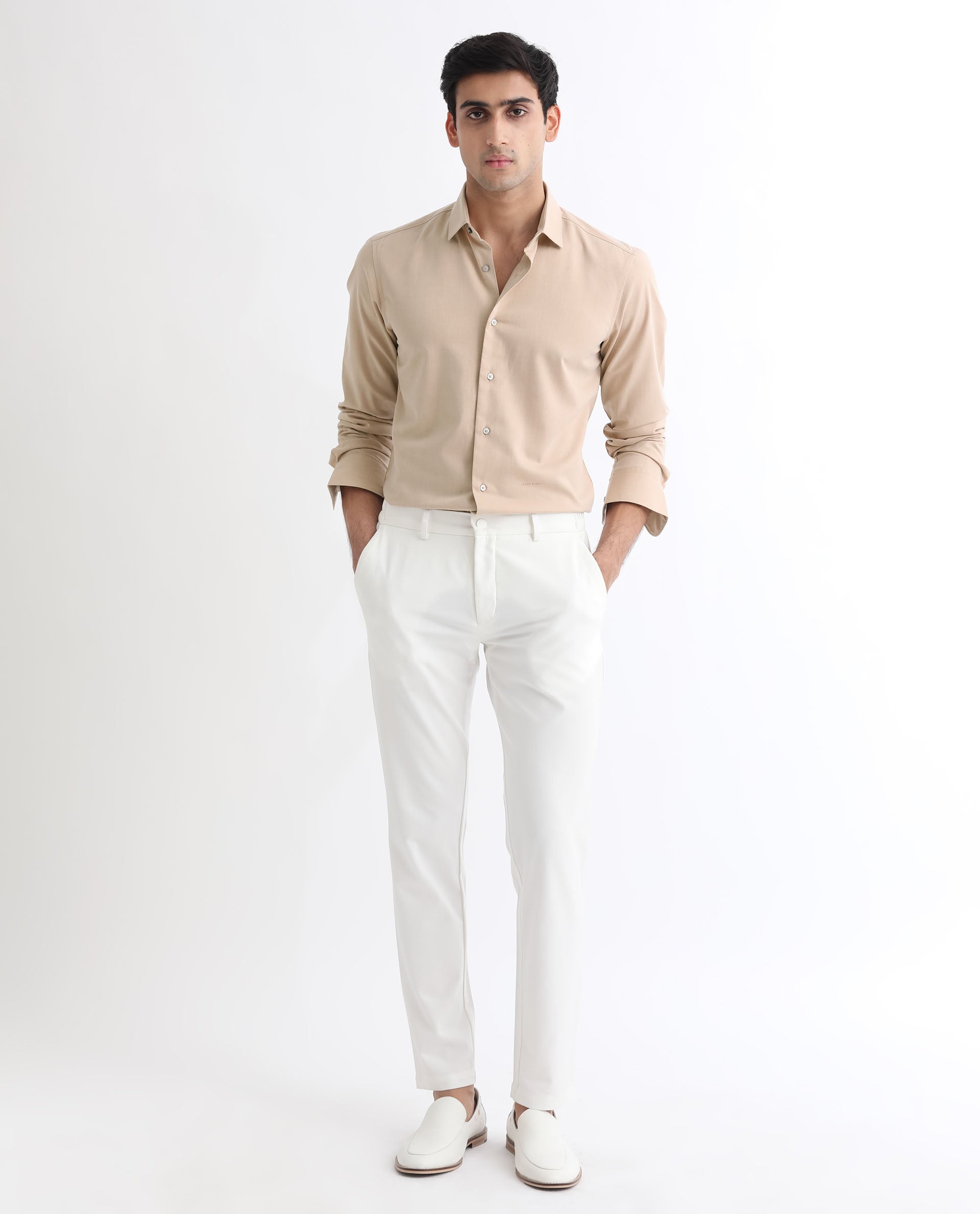 Rare Rabbit Men's Gunjan Beige Full Sleeves Regular Fit Solid Shirt