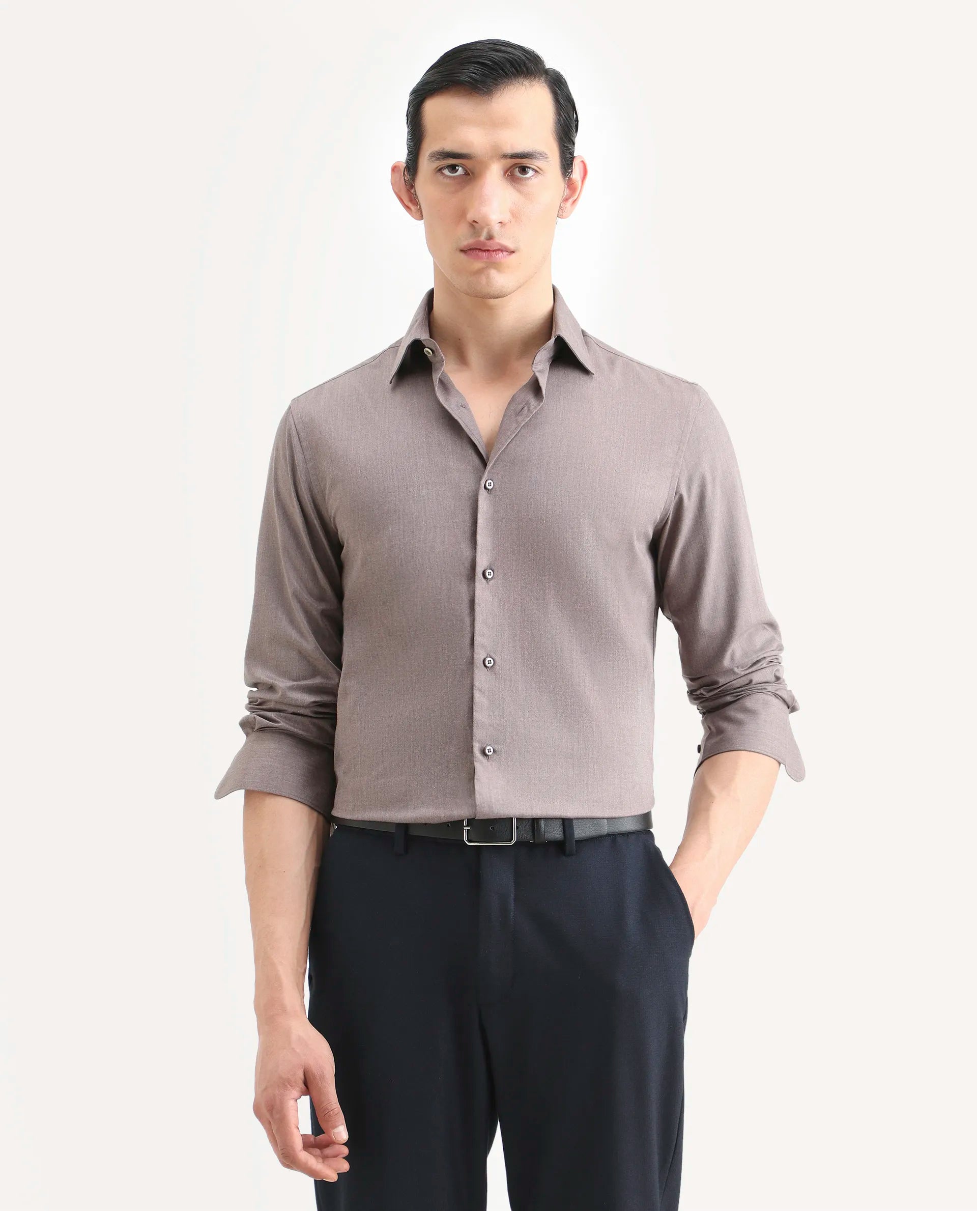 Rare Rabbit Men's Gunjo 25 Dusky Brown Cotton Blend Plain Regular Fit Full Sleeve Collared Shirt