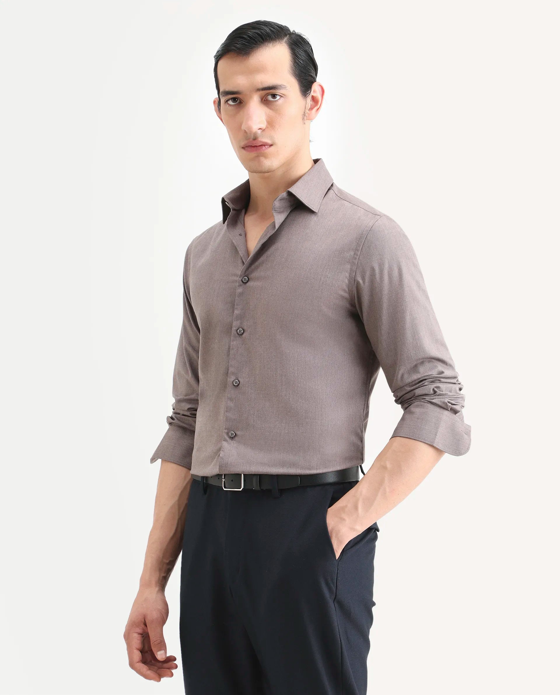 Rare Rabbit Men's Gunjo 25 Dusky Brown Cotton Blend Plain Regular Fit Full Sleeve Collared Shirt