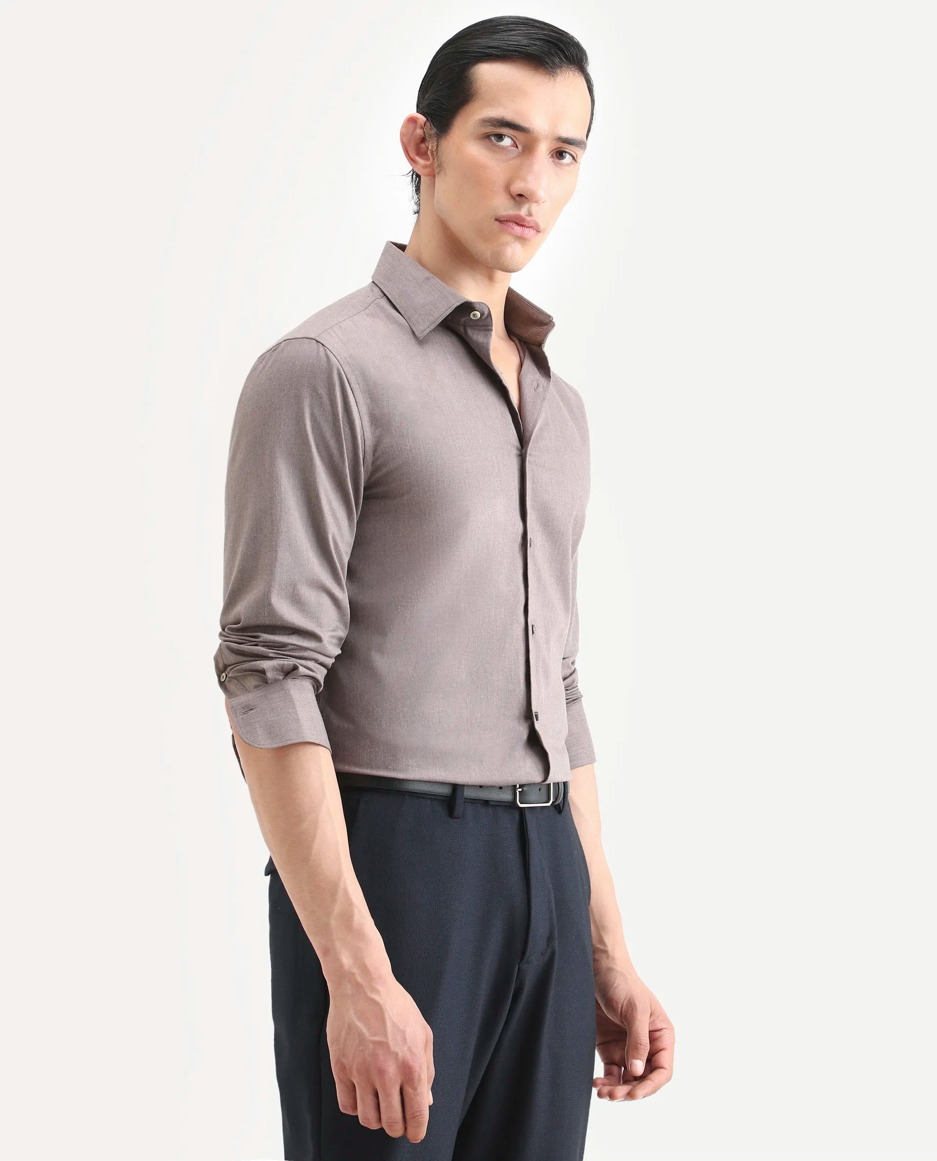 Rare Rabbit Men's Gunjo 25 Dusky Brown Cotton Blend Plain Regular Fit Full Sleeve Collared Shirt